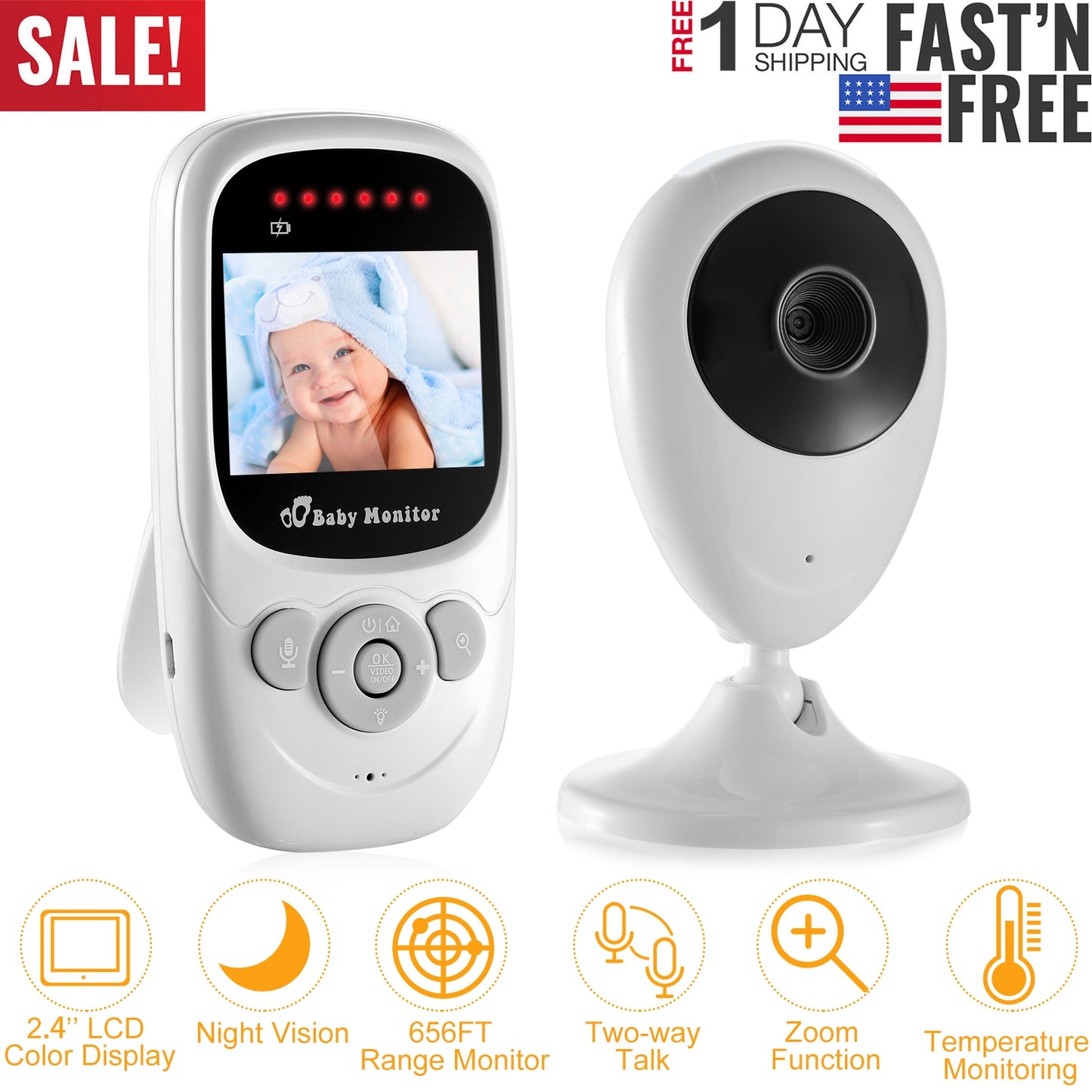 656FT Video Baby Monitor w/ Digital Camera Infrared Night Vision 2.4ÕÕ LCD Two-way Talk Zoom Function 2.4GHz Wireless Transmission Temperature Monitor