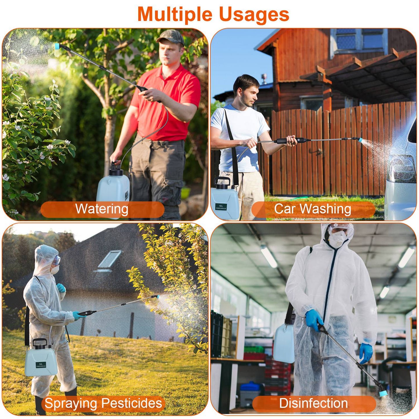 5L/1.3Gallon Electric Plant Sprayer Telescopic Rechargeable Garden Sprayer Automatic Handheld Sprayer with 3 Spray Spouts Shoulder Strap for Cleaning