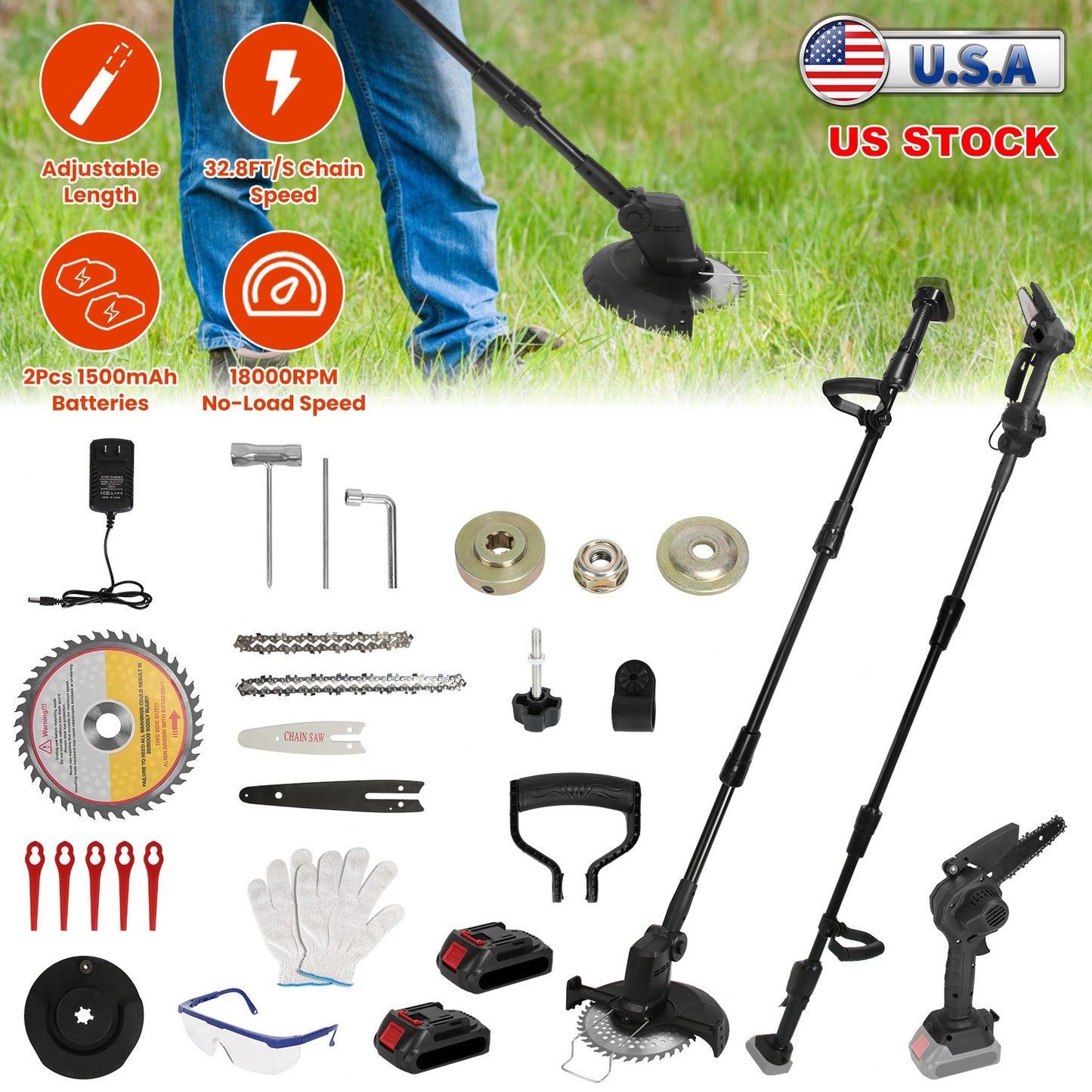 3-in-1 Cordless Electric Pole Saw & Mini Chainsaw & Grass Trimmer Kit with Adjustable Length 2Pcs 21V 1500mAh Batteries 4in/6in Chains Saw Blade 5Pcs
