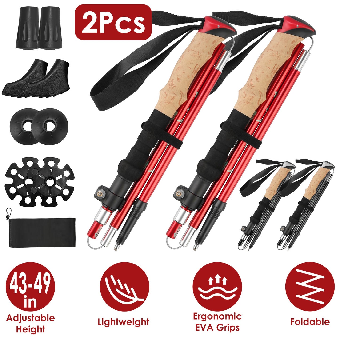 2Pcs Walking Sticks Collapsible Hiking Poles Folding Aluminum Trekking Poles Adjustable Hiking Sticks with EVA Foam Grips for Backpacking Hiking Mount
