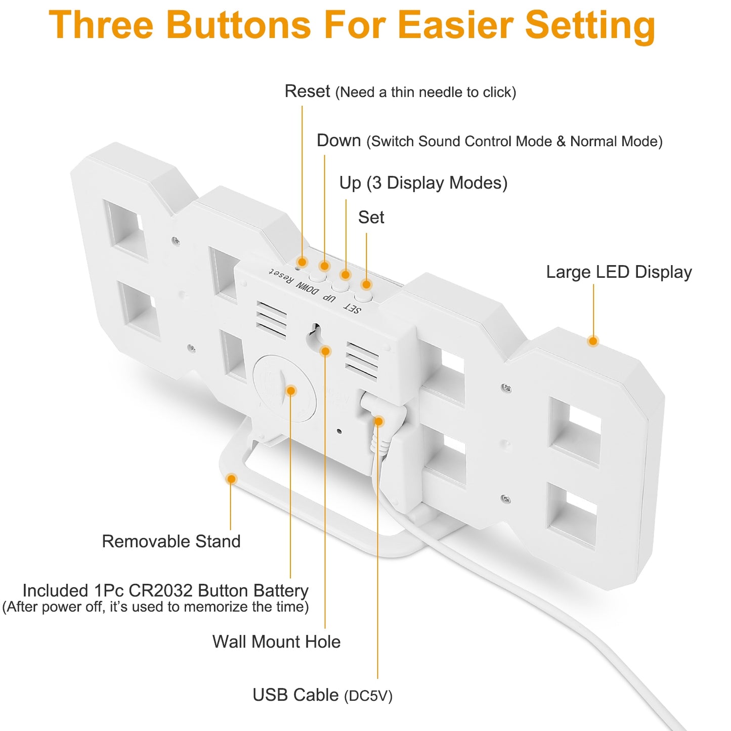 3D LED Digital Wall Clock Sound Control Table Desk Alarm Clock w/ 3 Auto Adjustable Brightness Snooze Date Temperature 12/24Hr Time Display For Office