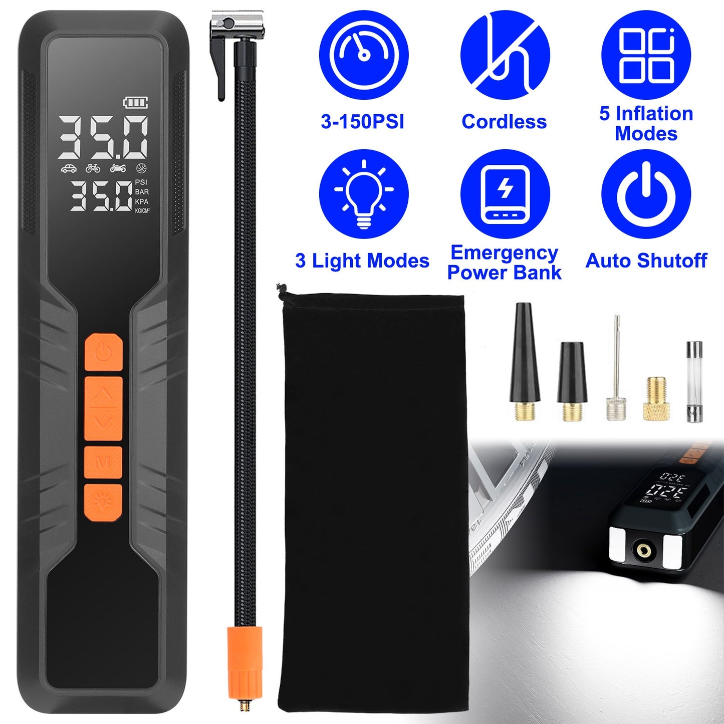 150PSI Portable Tire Inflator Cordless Digital Air Compressor Compact Air Pump with 5 Inflation Modes 3 Light Modes Emergency Power Bank