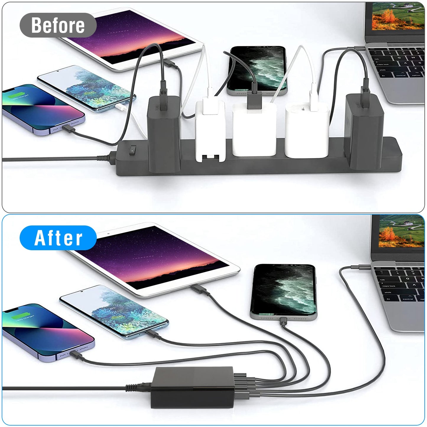 USB Fast Charger 65W 6-Port Fast Charging Station Type-C Wall Charger PD Adapter with 2 Type-C Ports 4 USB-A Ports Fit for IOS Phone 13/ iPad/ Galaxy/