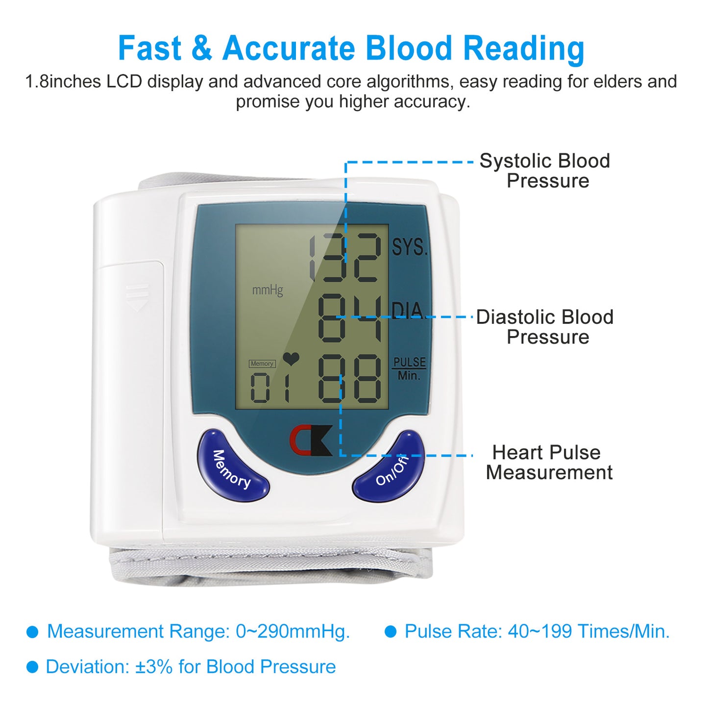 Blood Pressure Monitor Wrist Digital High Blood Pressure Cuff Heartbeat Tester w/ 60 Reading Memory 1.8 Inches LCD Screen Storage Box