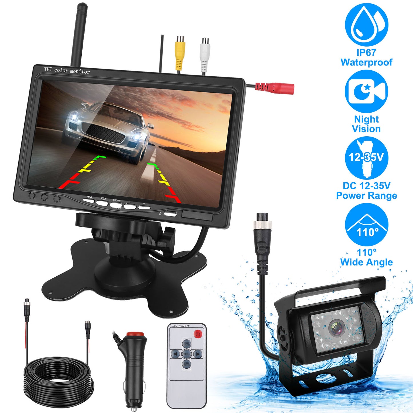 Wireless Backup Camera System Vehicle Rear View Monitor Kit IP67 Waterproof Car Parking Reverse System with 7In Screen Night Vision 2.4G Stable Signal