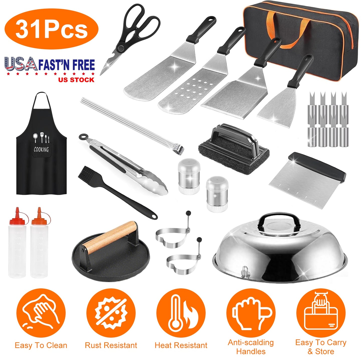 31Pcs Griddle Accessories Kit Flat Top Grill Accessories For Camp Chef with Spatulas Griddle Press Basting Cover Spice Shakers Vegetable Forks Steel S