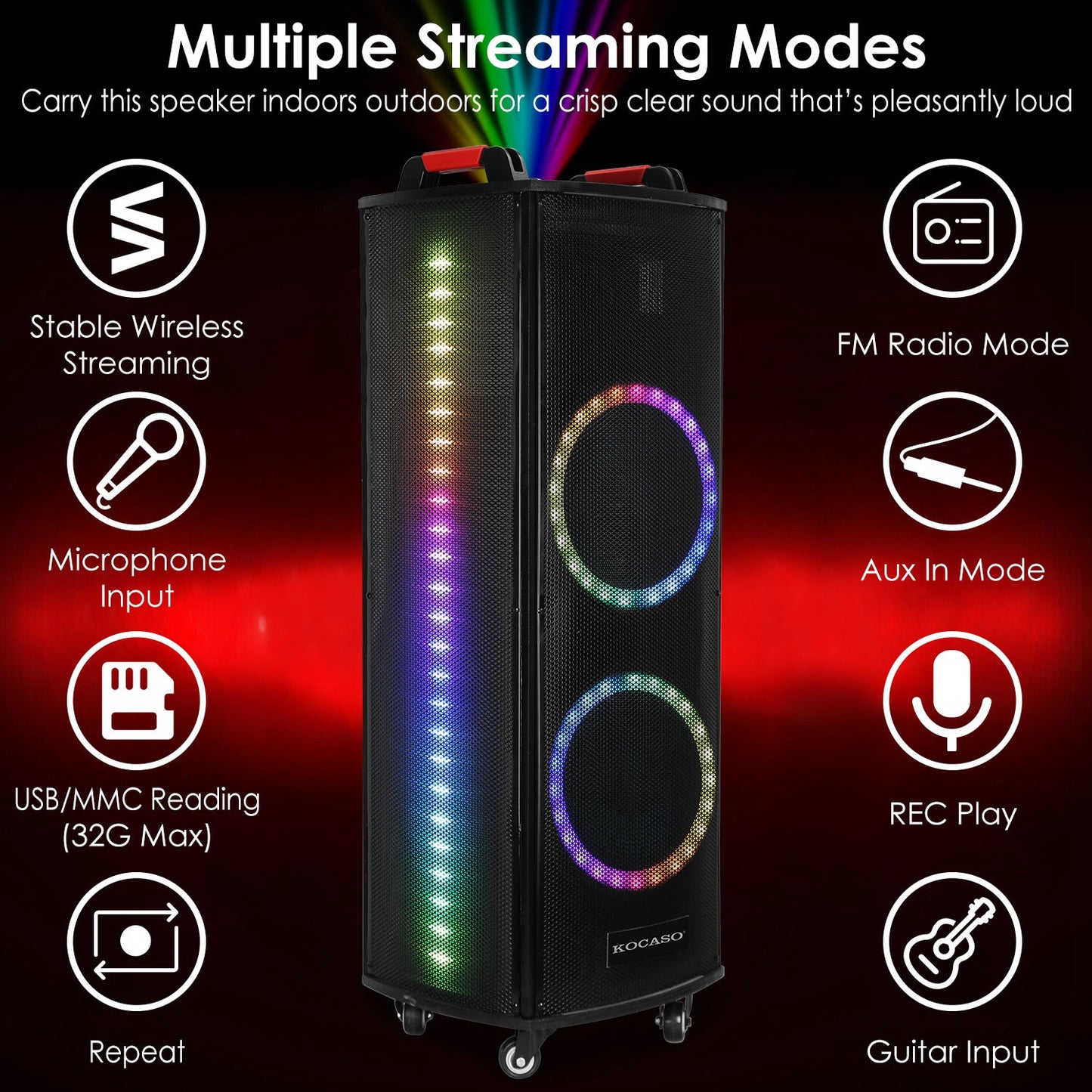 Portable Wireless Party Speaker Colorful Lights DJ PA System with TWS Function FM Radio USB MMC Card Reading Aux In Guitar Input Recording Function Mi