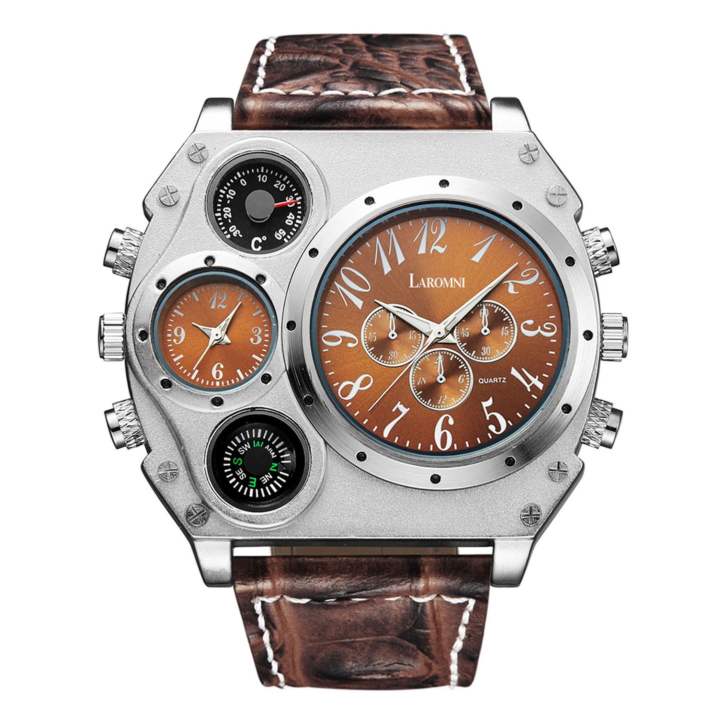 MenÕs Quartz Watch Two Time Zone Big Face Military Style Compass Thermometer Decorative Dial PU Leather Strap