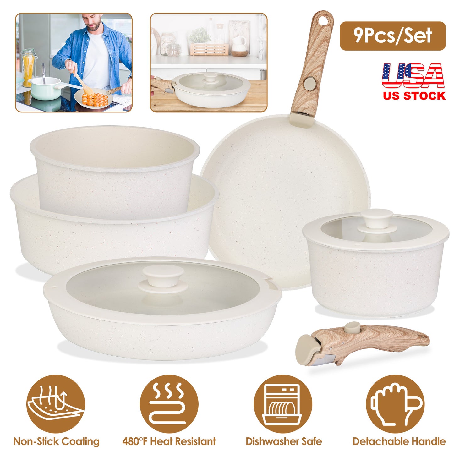 9Pcs Nonstick Cookware Set Kitchen Pots and Pans Set With Detachable Handles Tempered Glass Lids Dishwasher Oven Safe Aluminum Alloy Kitchen Cookware