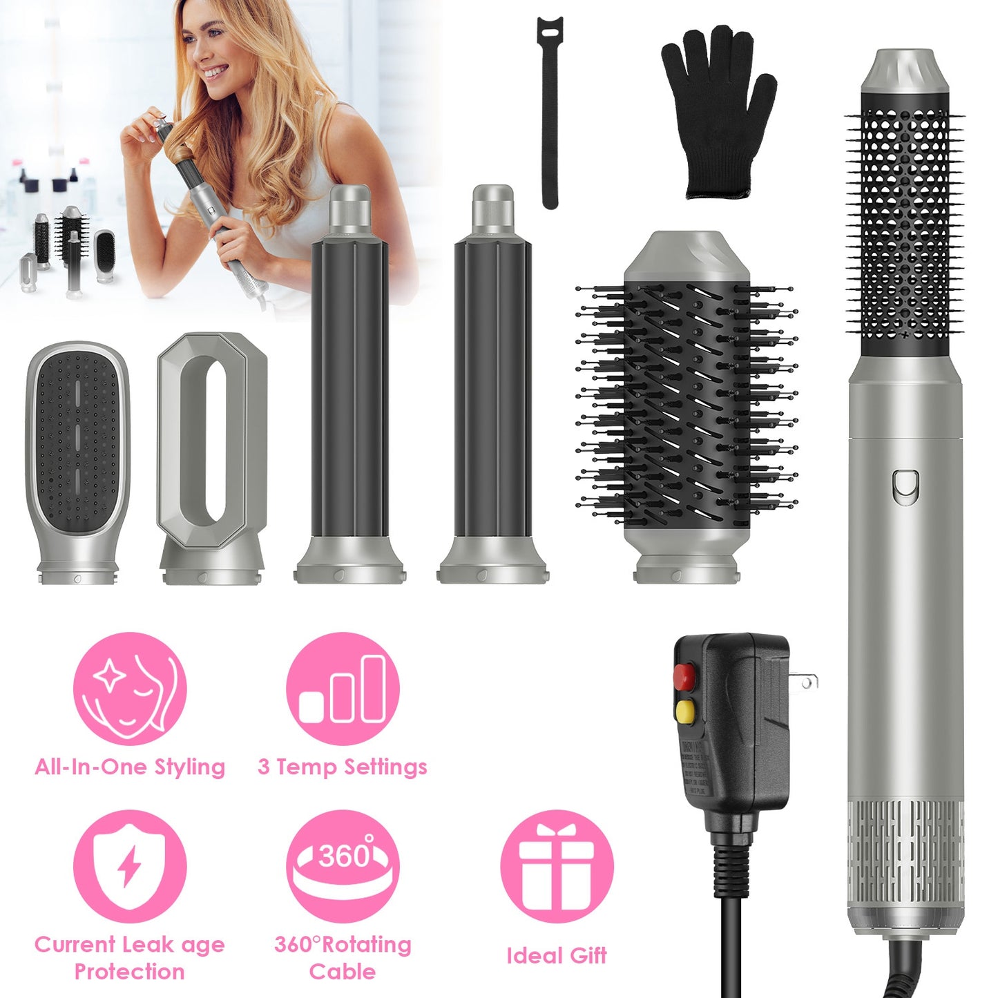 6 In 1 Hot Air Styler Volumizer Straightener Curler Dryer Automatic Wrap Styler Hair Dryer Brush Set with 3 Temp Settings ALCI Plug Glove Cable Zip Ti