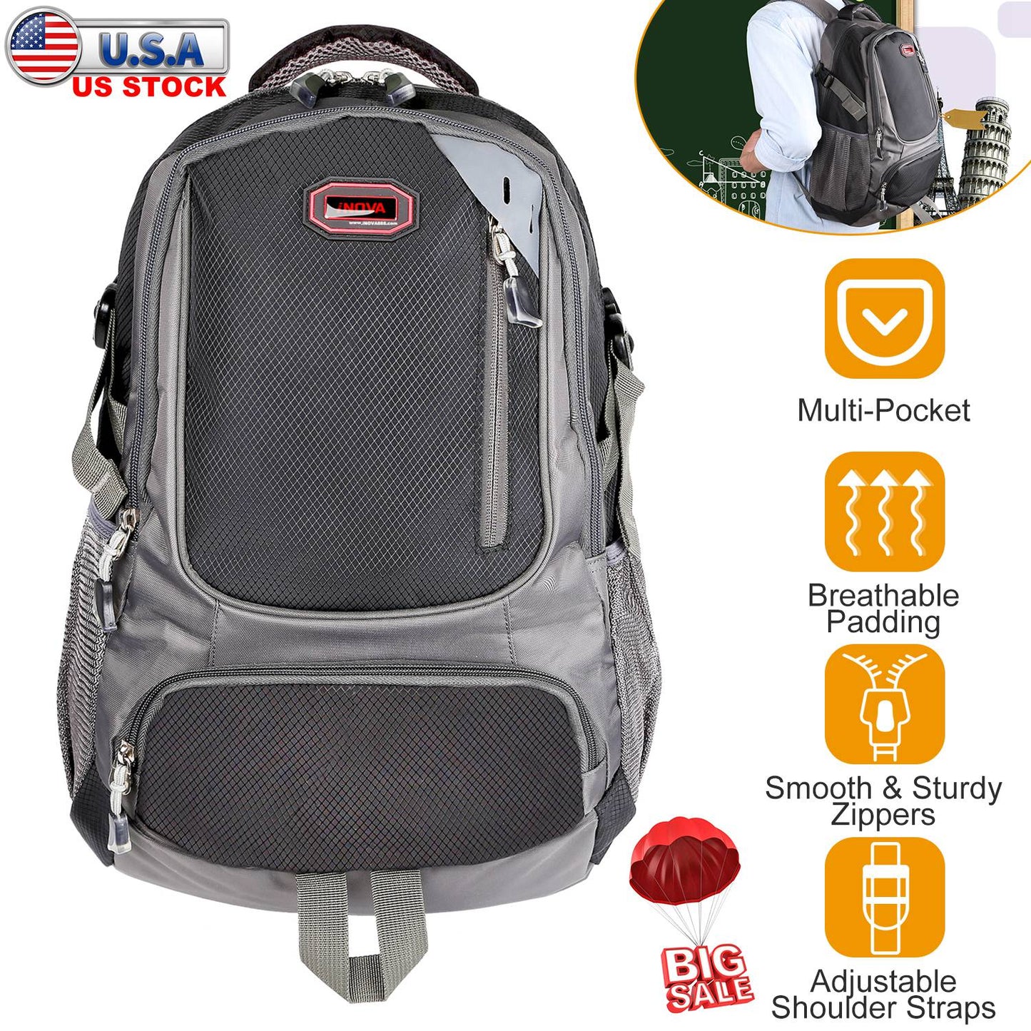 Unisex School Backpack Casual Travel Shoulder Bag W/ Adjustable Straps Dual-Water Bottle Pouch Multiple Zippered Pockets For Gym Sports Travel School