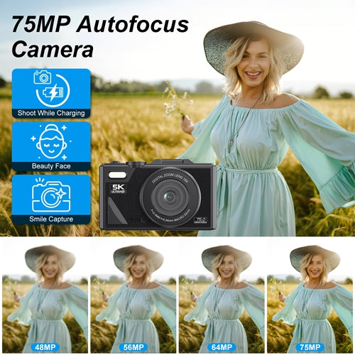 5K 75MP Camera – WiFi, 18X Zoom, Vlogging, Webcam, 32GB, 2 Batteries