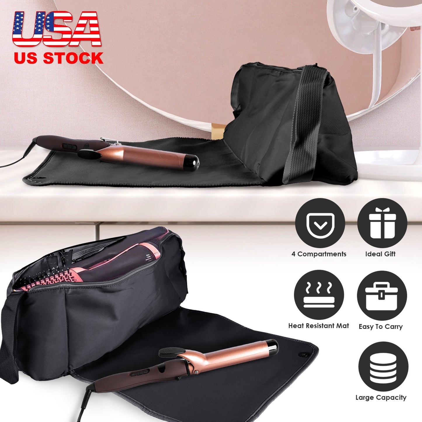 2 In 1 Hair Tools Travel Bag and Heat-resistant Mat Curling Iron Travel Case Hair Tool Pouch Holder Organizer for Curling Iron Straightener Hair Dryer