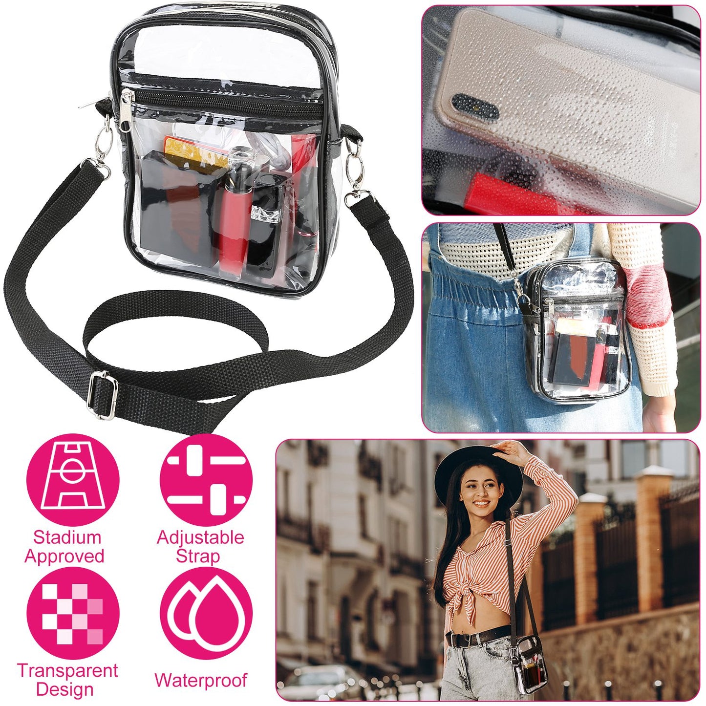 Clear Crossbody Bag Stadium Approved Clear Purse Transparent Small Shoulder Bag See Through Zip Pouch Tote Bag Handbag 44OZ w/ Adjustable Strap