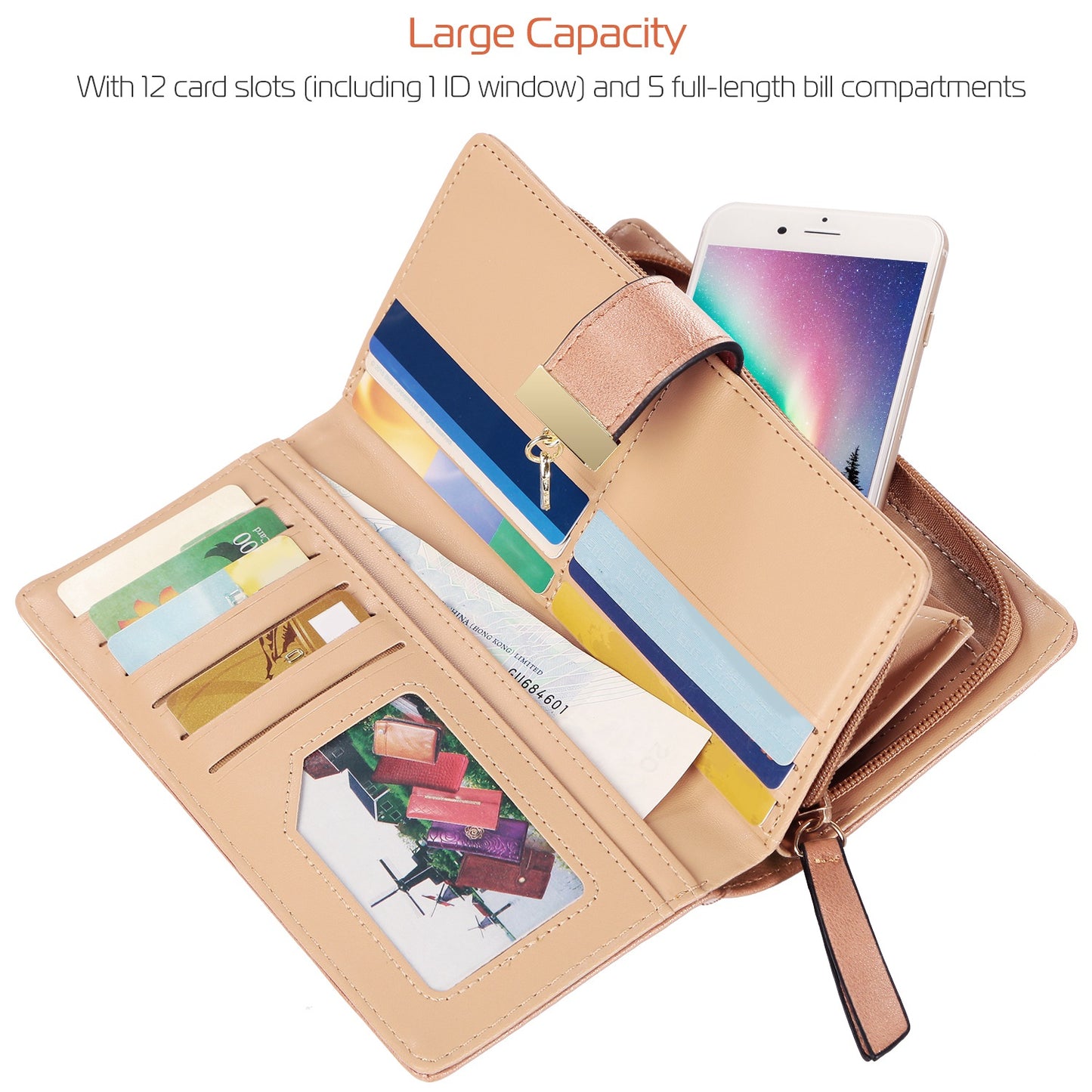 Women Wallet PU Leather Lady Long Purse Phone Clutch Case Credit Card Holder 11 Card Slots 1ID Window 5 Money Pouch