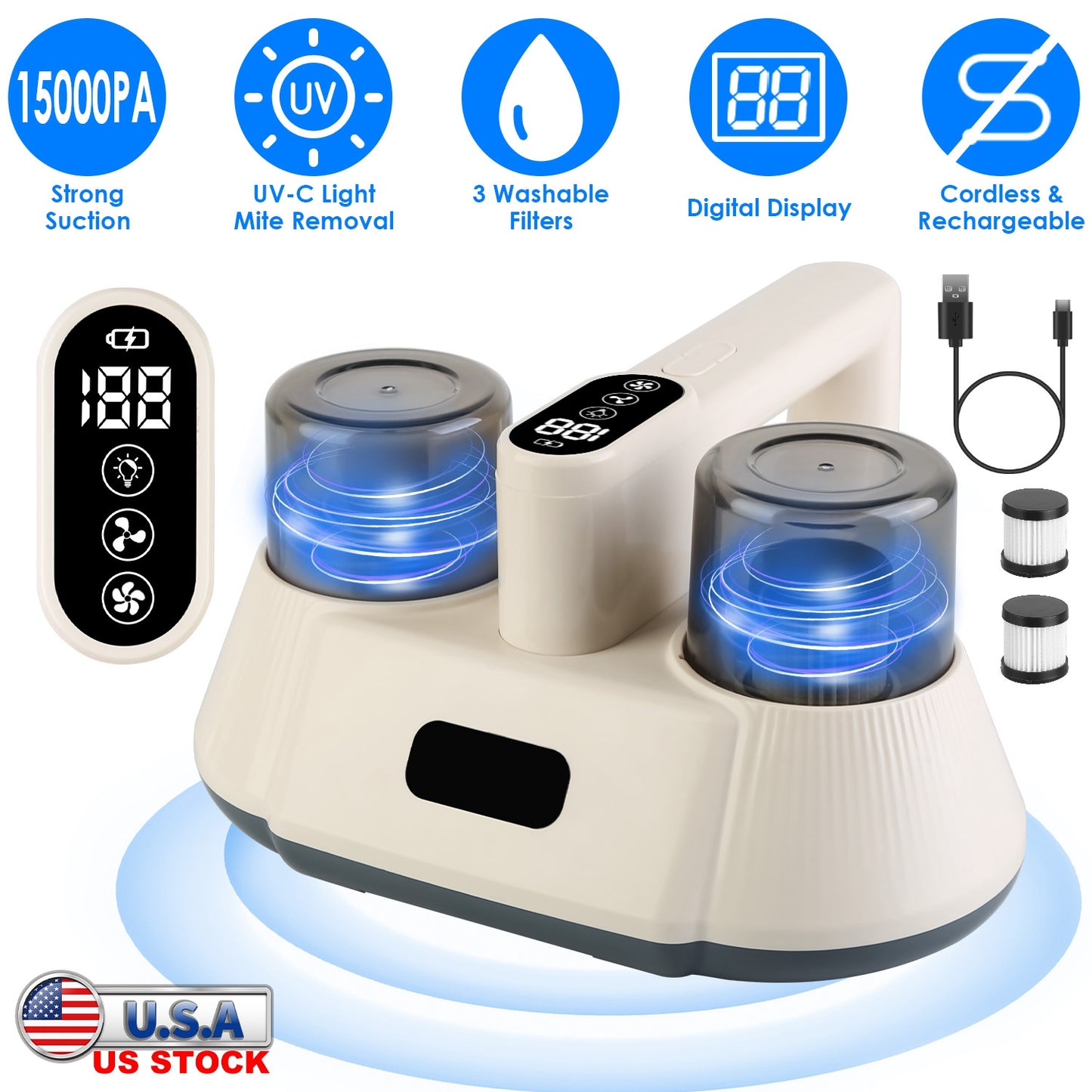 15000PA Double-Cup Bed Vacuum Cleaner with UV-C Light Cordless Mattress Vacuum Rechargeable Dust Mites Remover with 3 Washable Filters