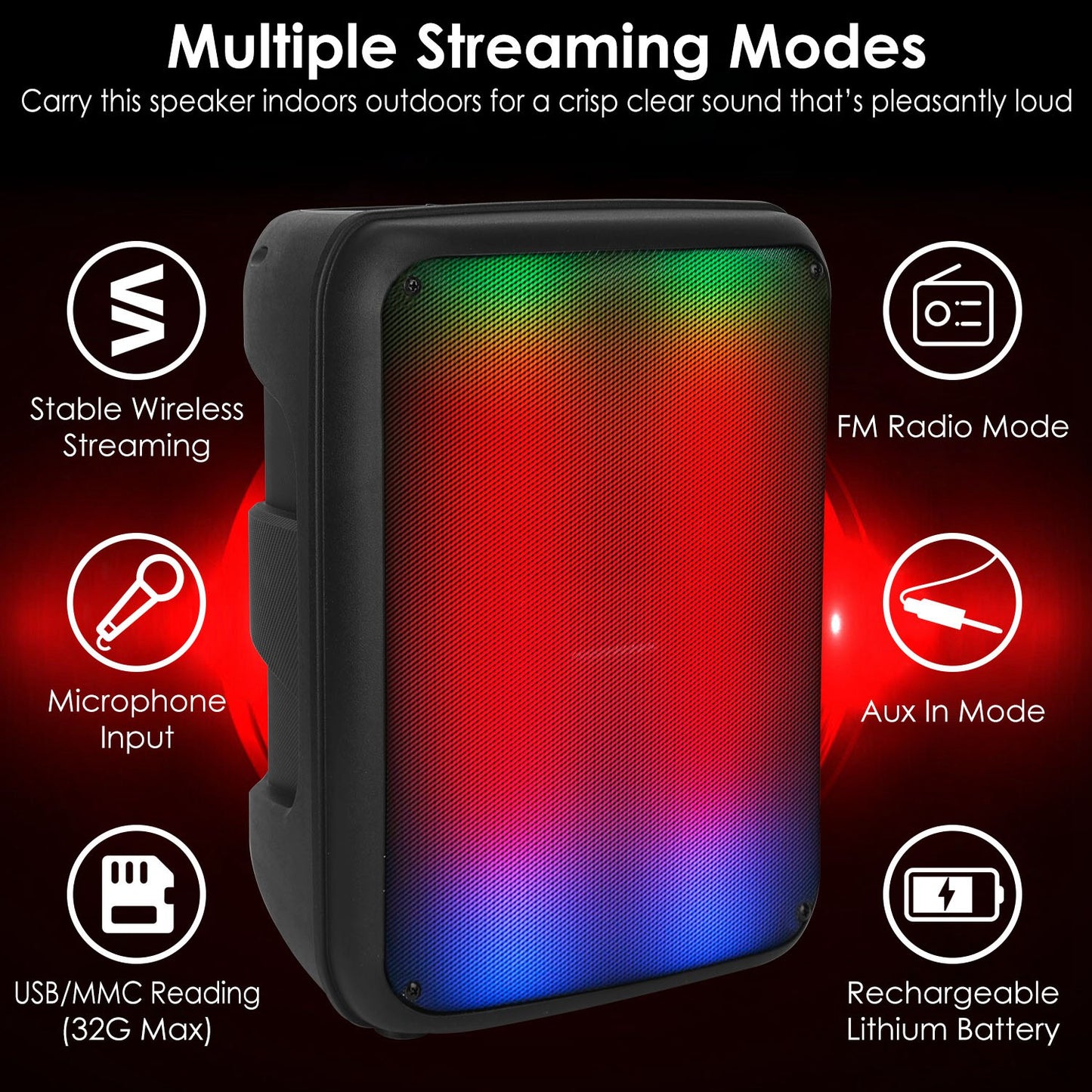 Portable Wireless Party Speaker 8in Colorful Lights DJ PA System with TWS Function FM Radio USB MMC Card Reading Aux In Recording Function Mic