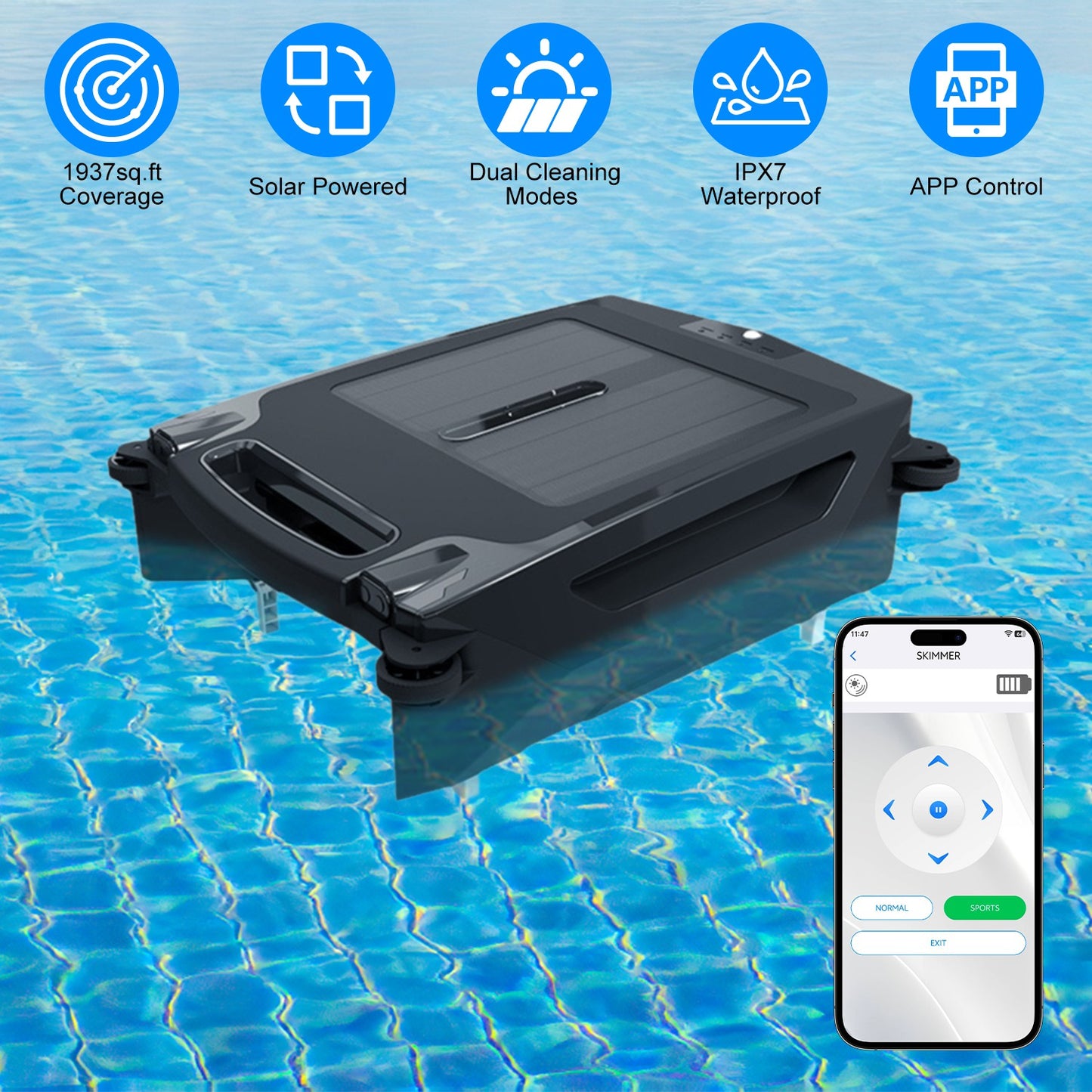 Solar PoweredÊRobotic Pool SkimmerÊAutomatic Swimming Pool Surface Cleaner with 2 Cleaning Modes Dual Charging Methods IPX7 Waterproof 1937sq.ft Cover