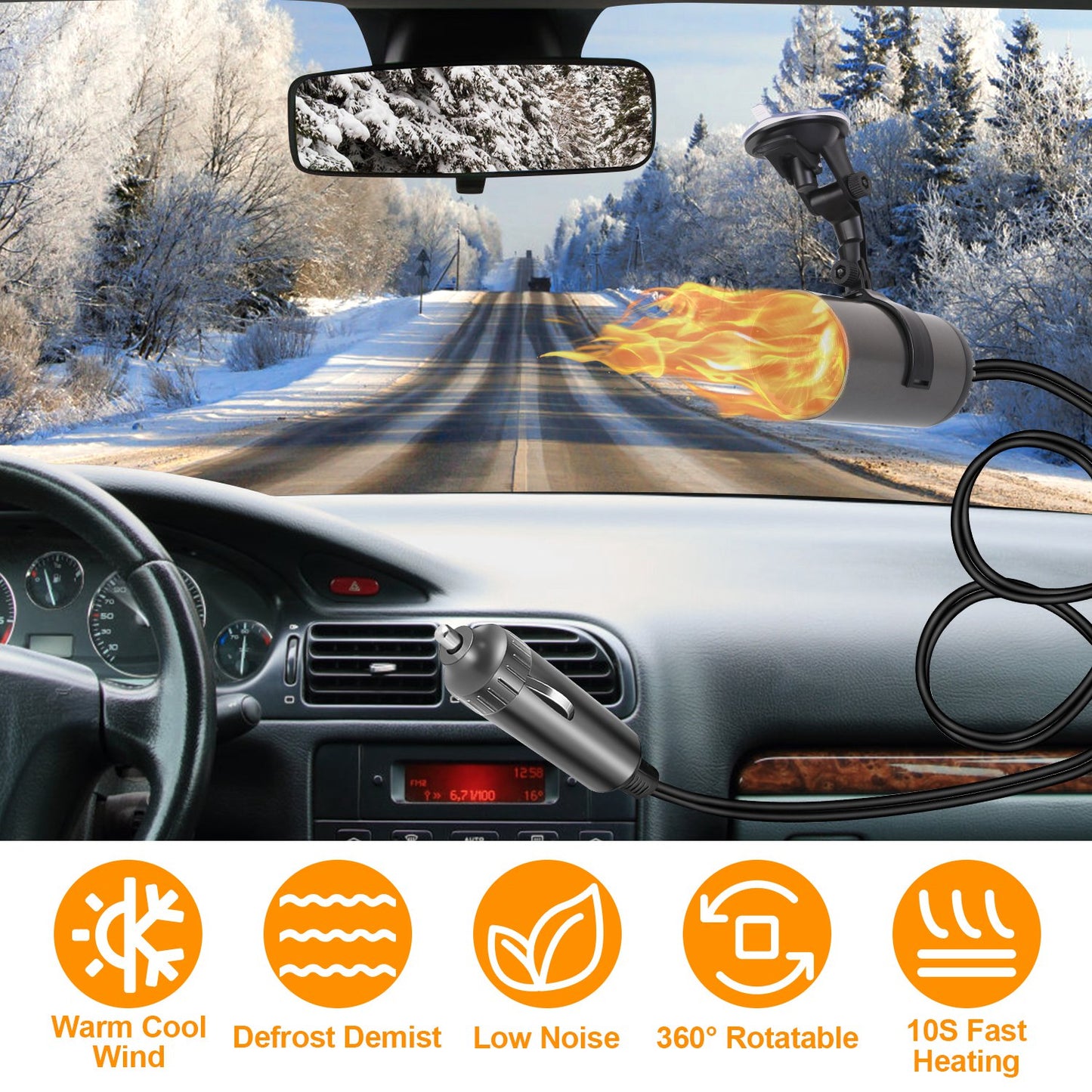 12V 150W Portable Car Heater 2 In 1 Heating Cooling Fan Rotatable Demister Defroster with 4.92ft Cord