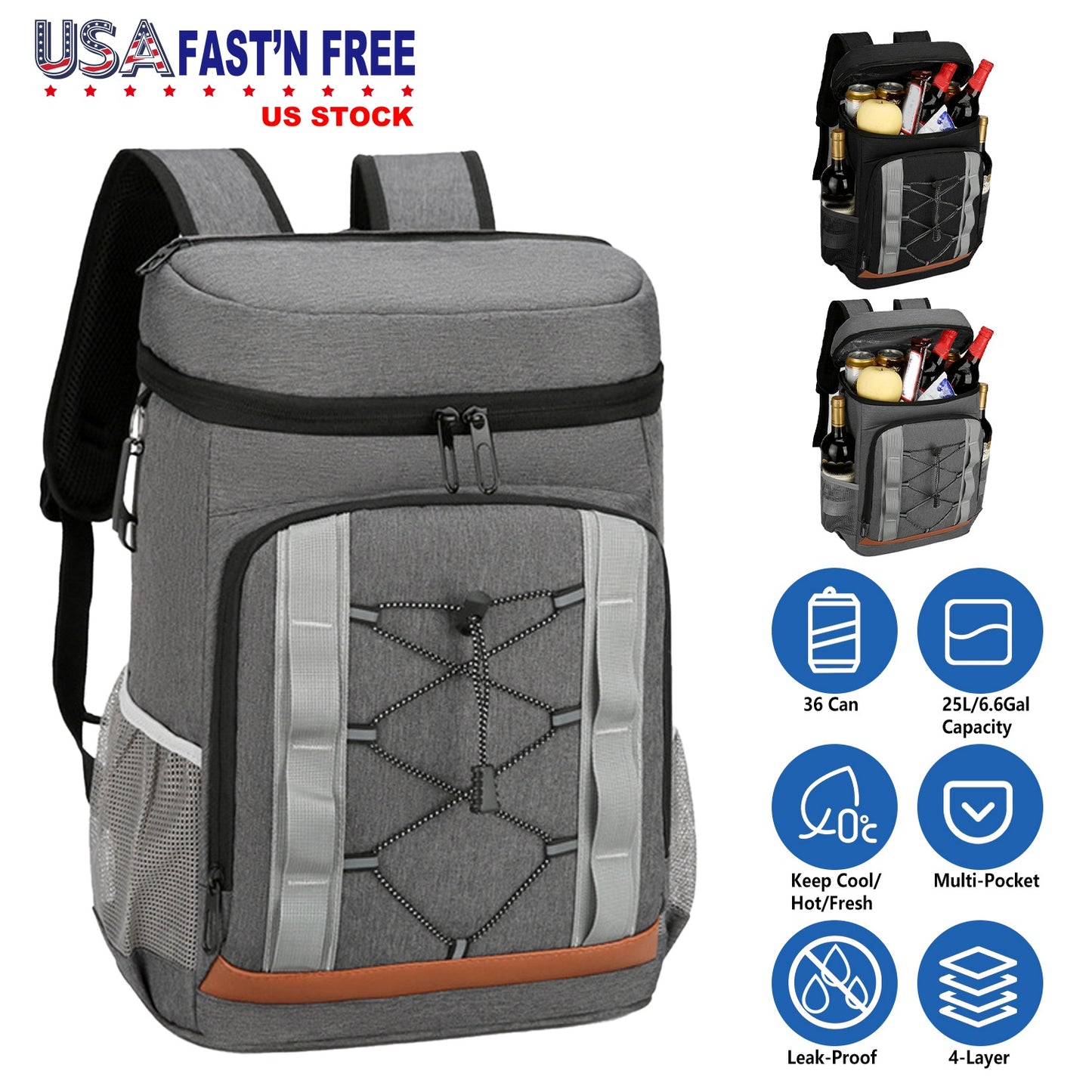 Cooler Backpack 36 Can Leakproof Insulated Cooler Backpack with 25L/6.6Gal for Picnic Camping BeachÊHiking Fishing Travel