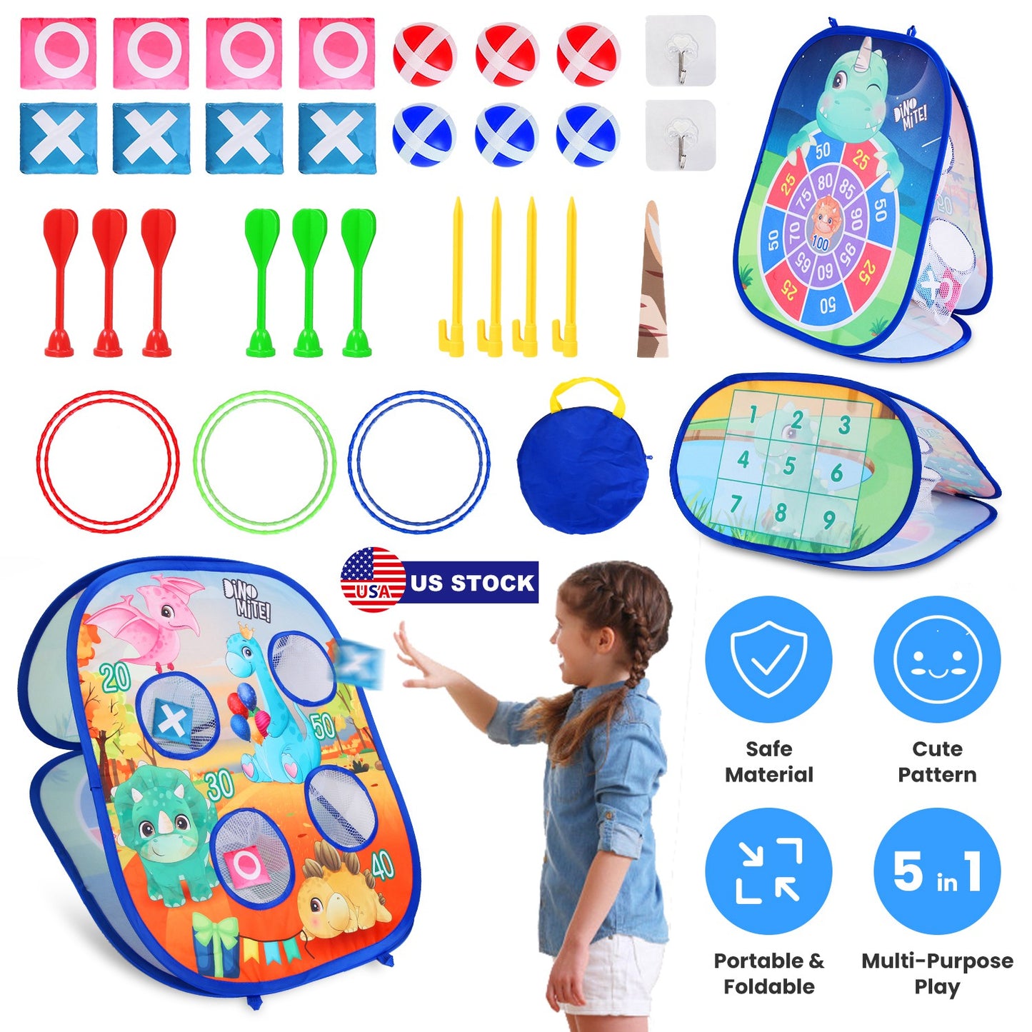 5 in 1 Bean Bag Toss Game Toy Corn Hole Game Beanbag Toss Game Dart Board Game Loop Toss Game Outdoor Activities Party Backyard Games Set for Boys Gir