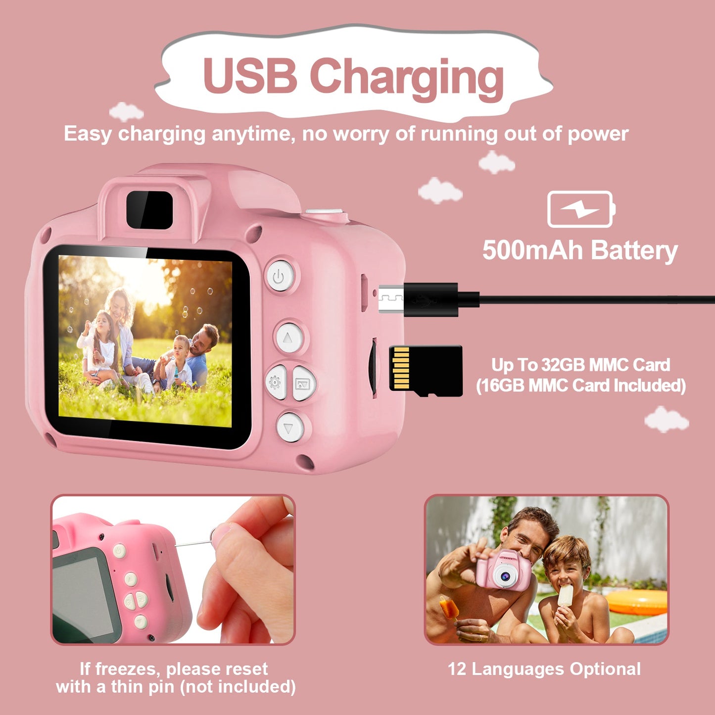 iMounTEK Kids Digital Camera w/ 2.0Ó Screen 12MP 1080P FHD Video Camera 4X Digital Zoom Games 32GB Card Supported Shockproof Child Camcorder for 3-10