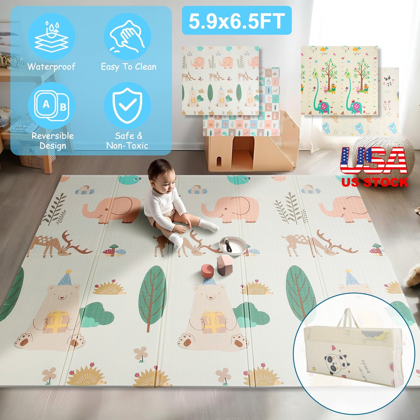 5.9x6.5FT Foldable Baby Play Mat Extra Large Waterproof Activity Playmat For Floor With Carrying Bag Reversible Foam Baby Mat For Babies Toddlers Infa