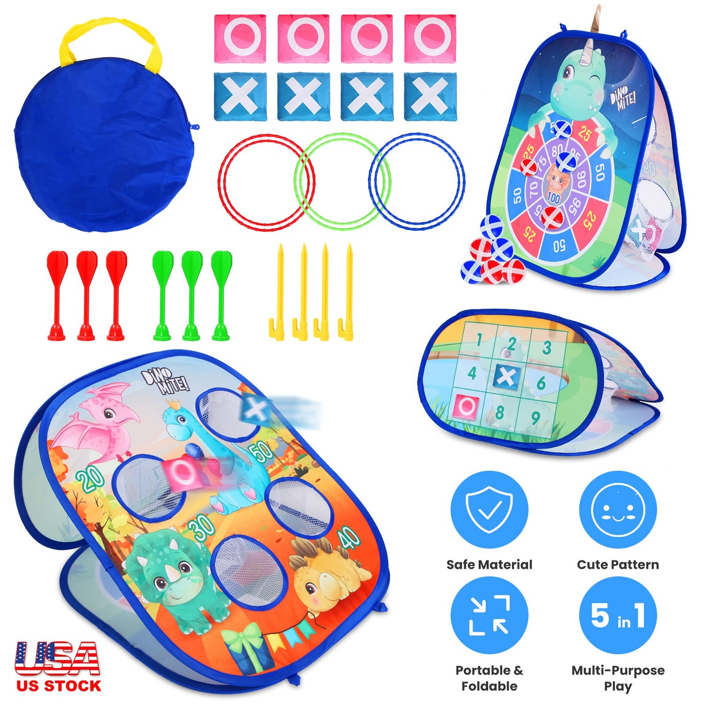 5 in 1 Bean Bag Toss Game Toy Corn Hole Game Beanbag Toss Game Dart Board Game Loop Toss Game Outdoor Activities Party Backyard Games Set for Boys Gir