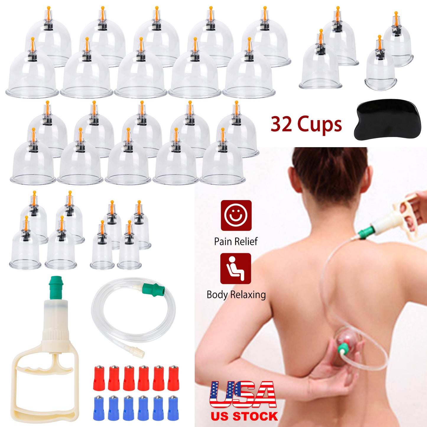 32 Cups Chinese Massage Therapy Cupping Set Body Vacuum Suction Kit Acupoint Massage Kit