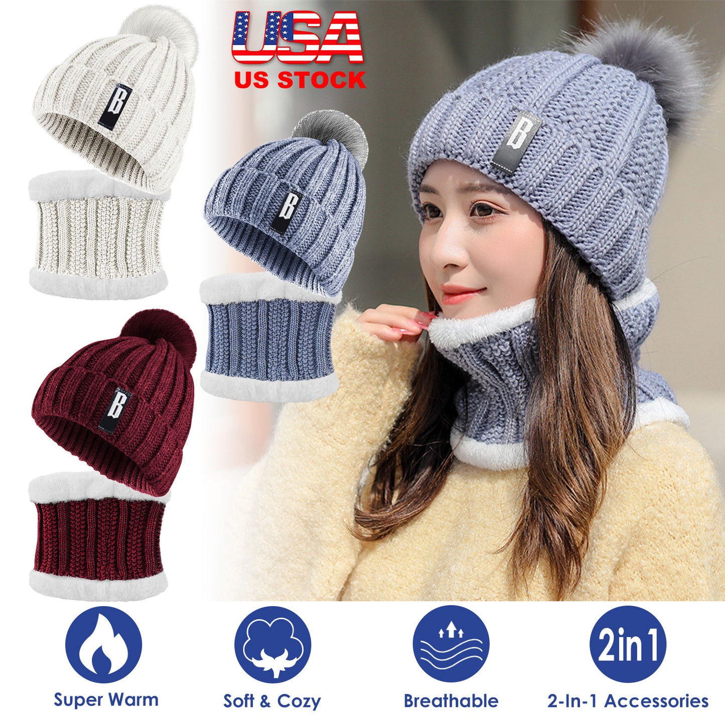 Winter Beanie Hat Scarf Set Women Warm Knitting Skull Cap Neck Warmer for Walking Running Hiking Camping Outdoors Gift