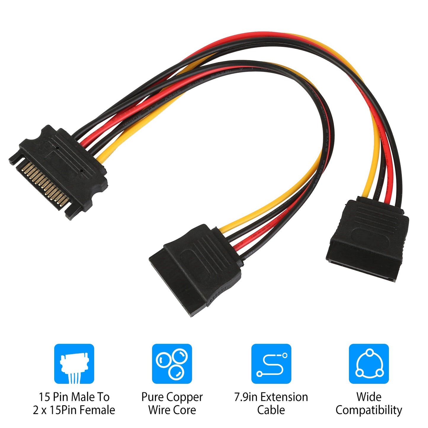 15 Pin Y Splitter Cable Adapter Male To Female Converter Cord for Hard Drive