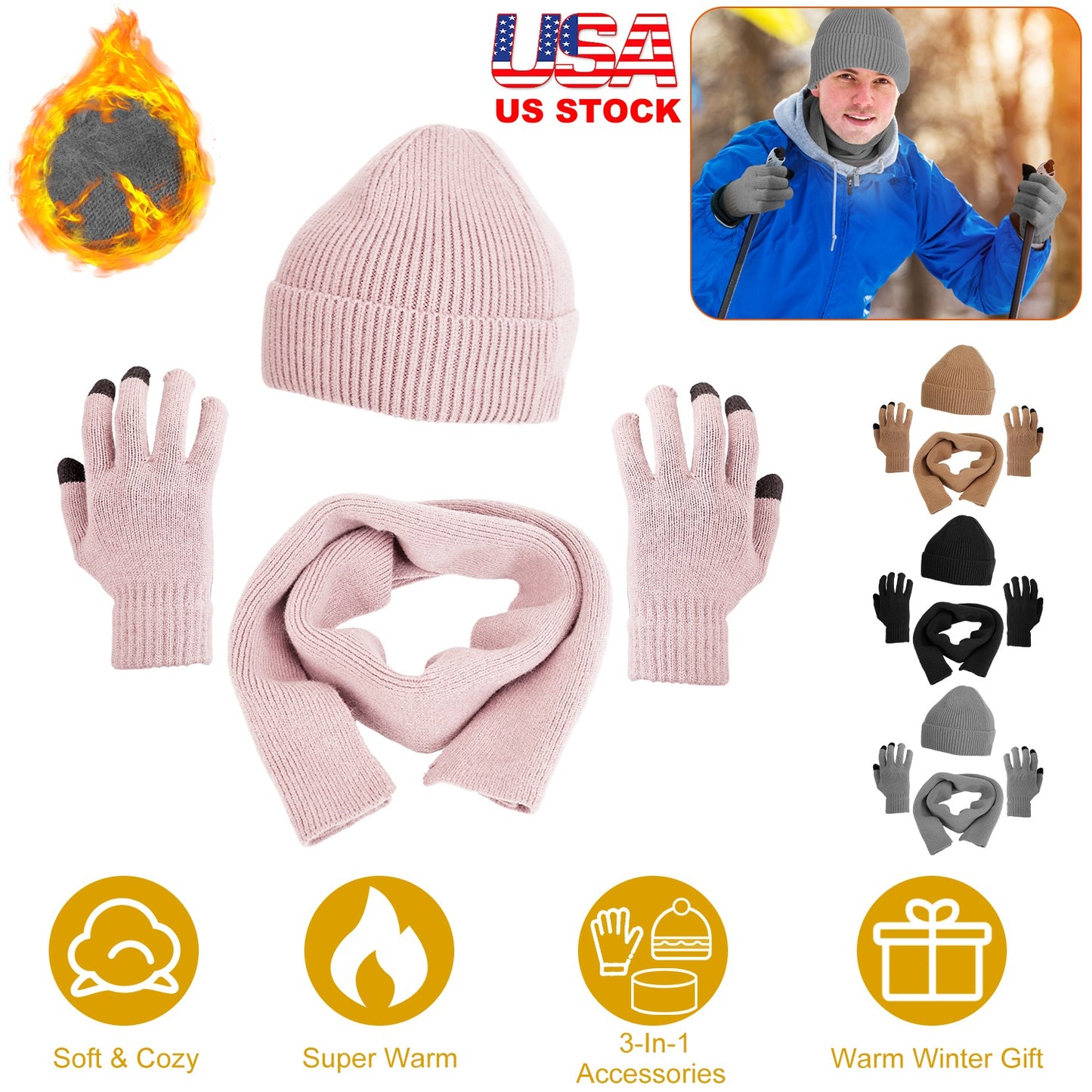 Winter Knitted Hat Scarf Gloves 3Pcs Winter Warm Beanie and Touch Screen Gloves Long Neck Scarf Set Knit Beanie Skull Cap Neck Warmer Anti-Slip Mitten