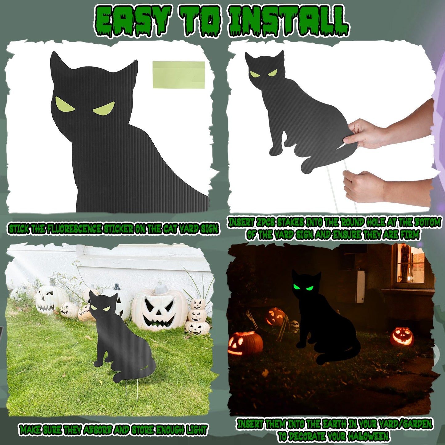 Halloween Cat Yard Sign Decorations 5Pcs Glow in the Dark Halloween Cat Fluorescence Lawn Sign with 10 Stakes for Haunted House Garden Yard and Scary