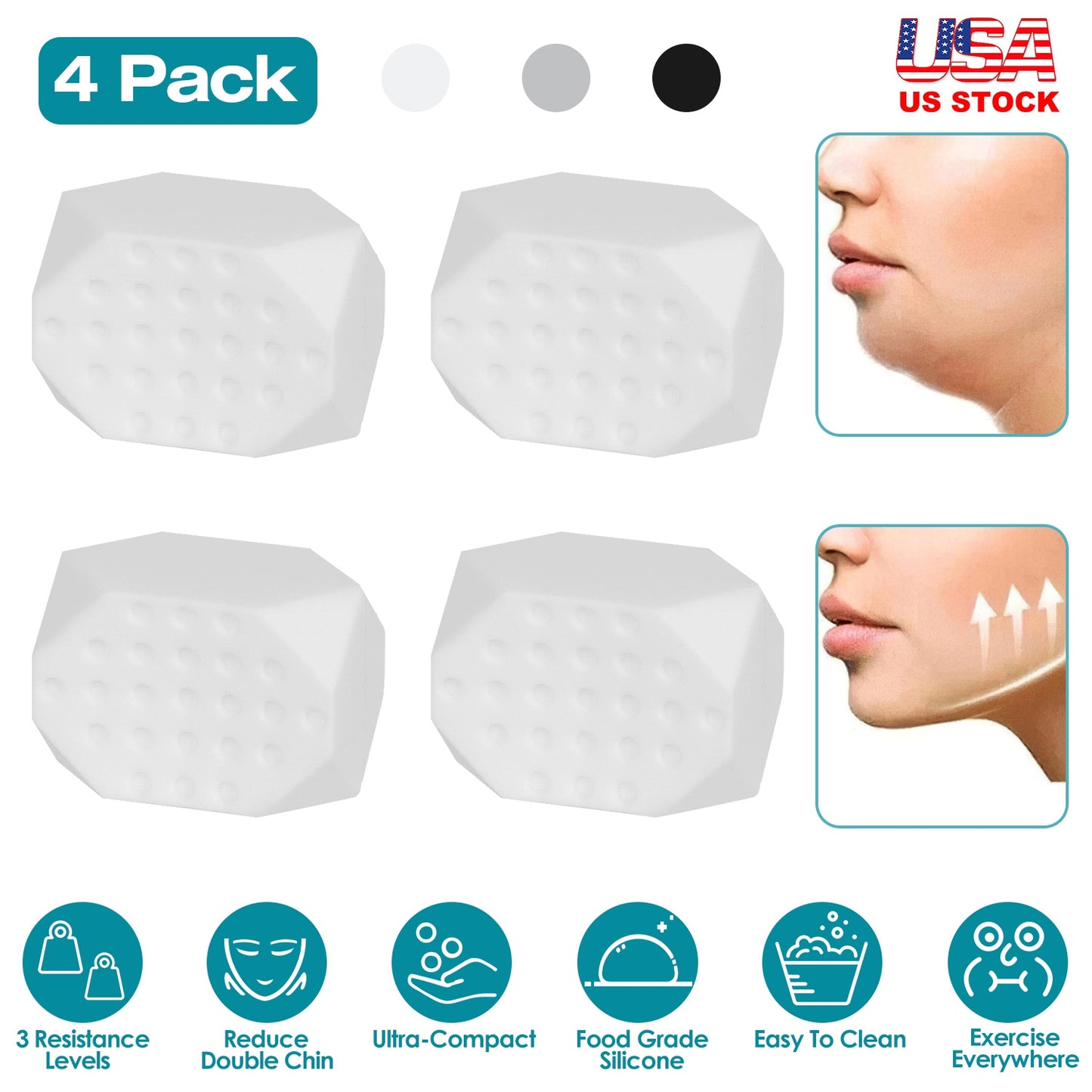 4 Pack Jawline Exerciser for Men Women Jaw Trainer Shaper Sagging Skin Double Chin Reducer with 3 Resistance Levels for Beginners Intermediate Expert