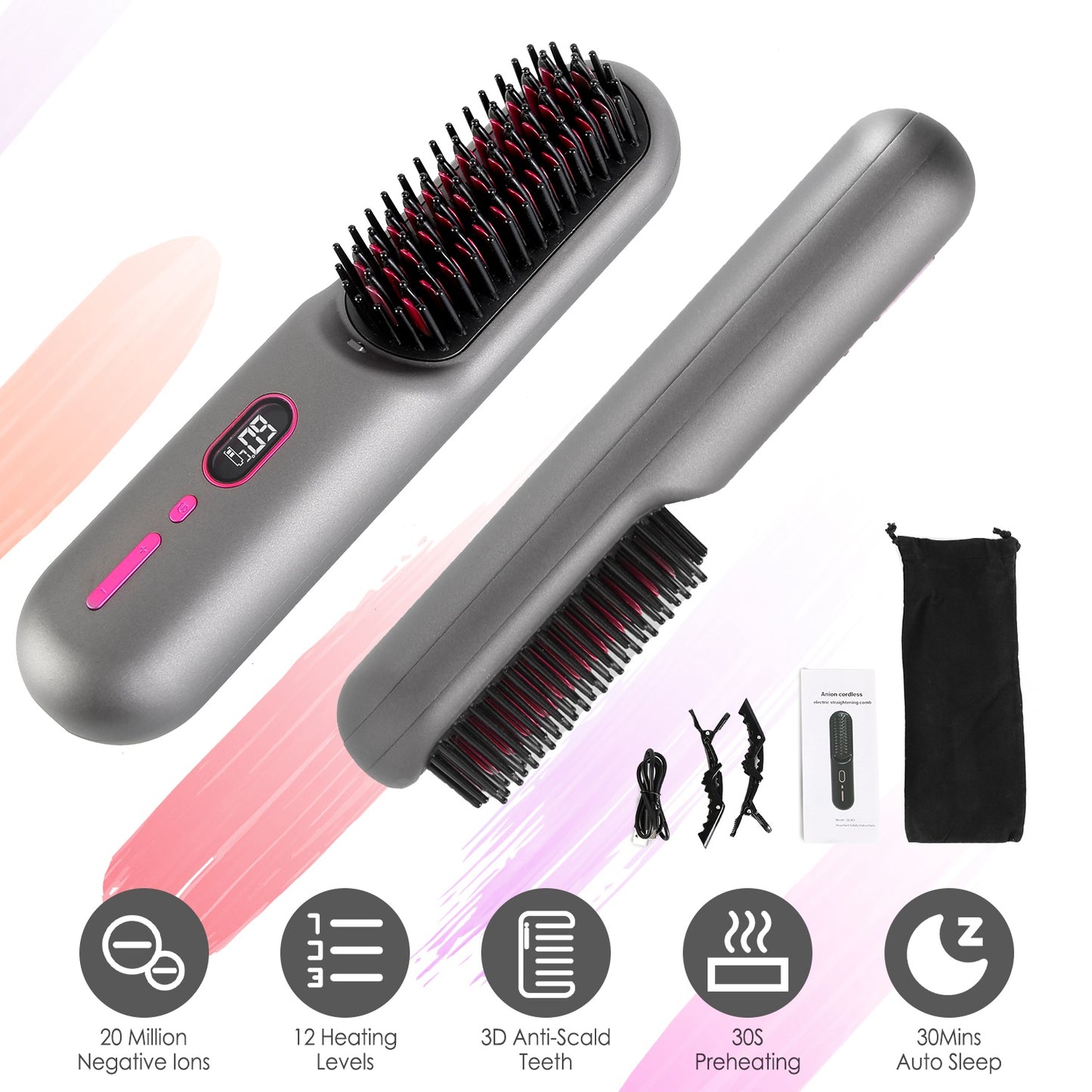 Cordless Negative Ion Hair Straightener Brush Rechargeable Mini Styling Comb with 12 Heating Levels Anti-scald 30S Preheating 30Mins Auto Sleep LCD Di