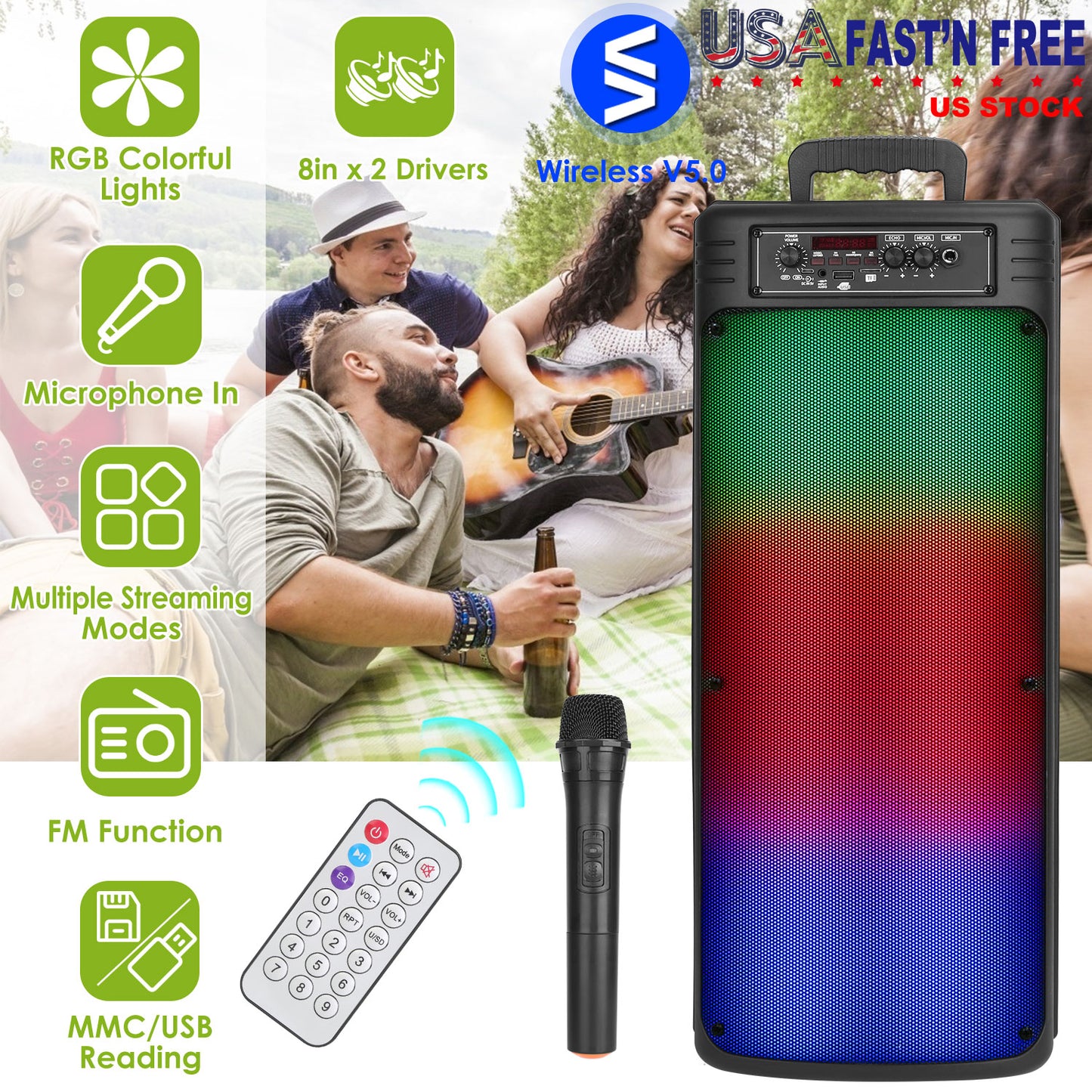Portable Wireless Party Speaker Dual 8in Colorful Lights DJ PA System with TWS Function FM Radio USB MMC Card Reading Aux In Recording Function Wirele