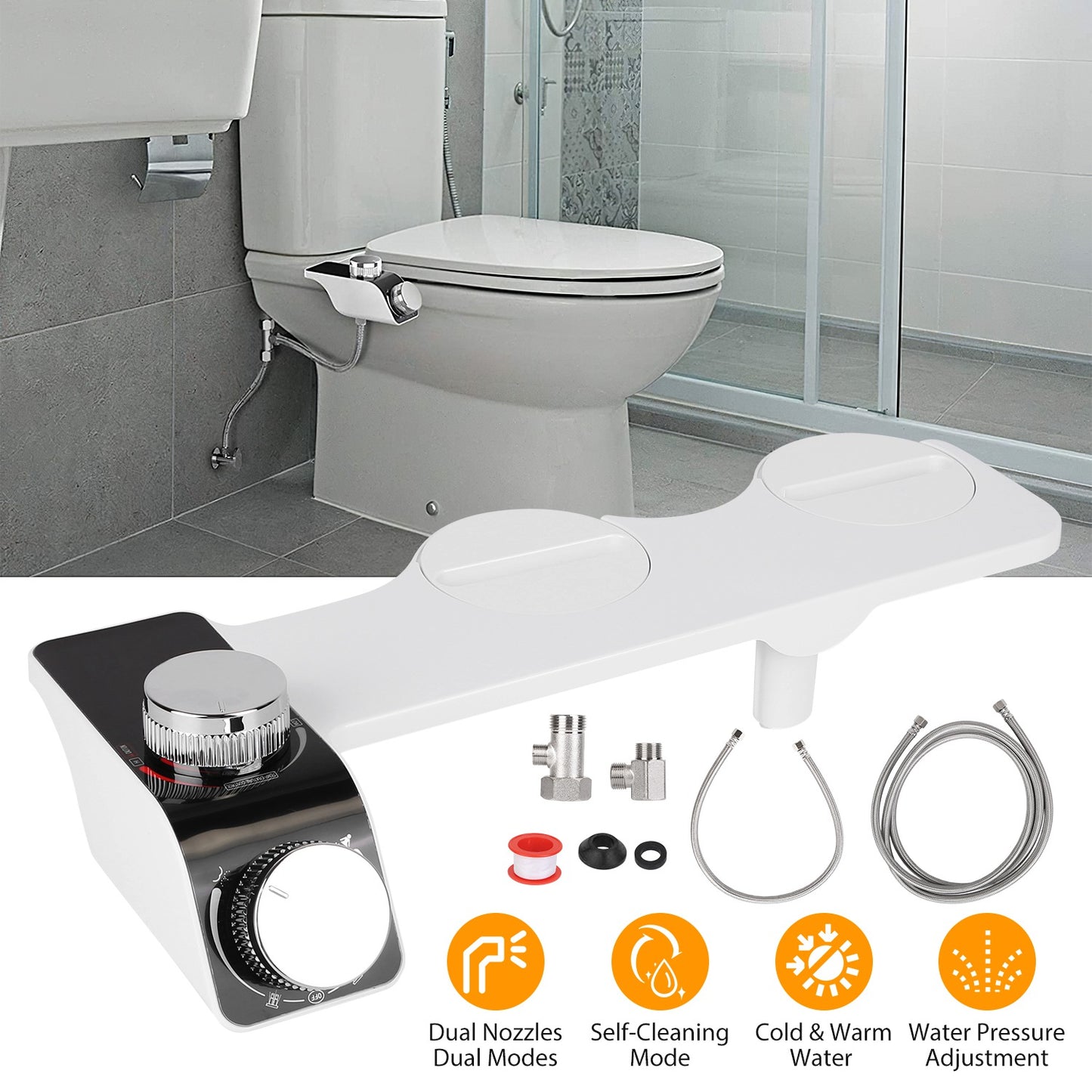 Bidet Attachment Non-Electric Fresh Water Bidet Sprayer Toilet Seat Attachment with Self Cleaning Dual Nozzles Cold Warm Water Temperature Pressure Co