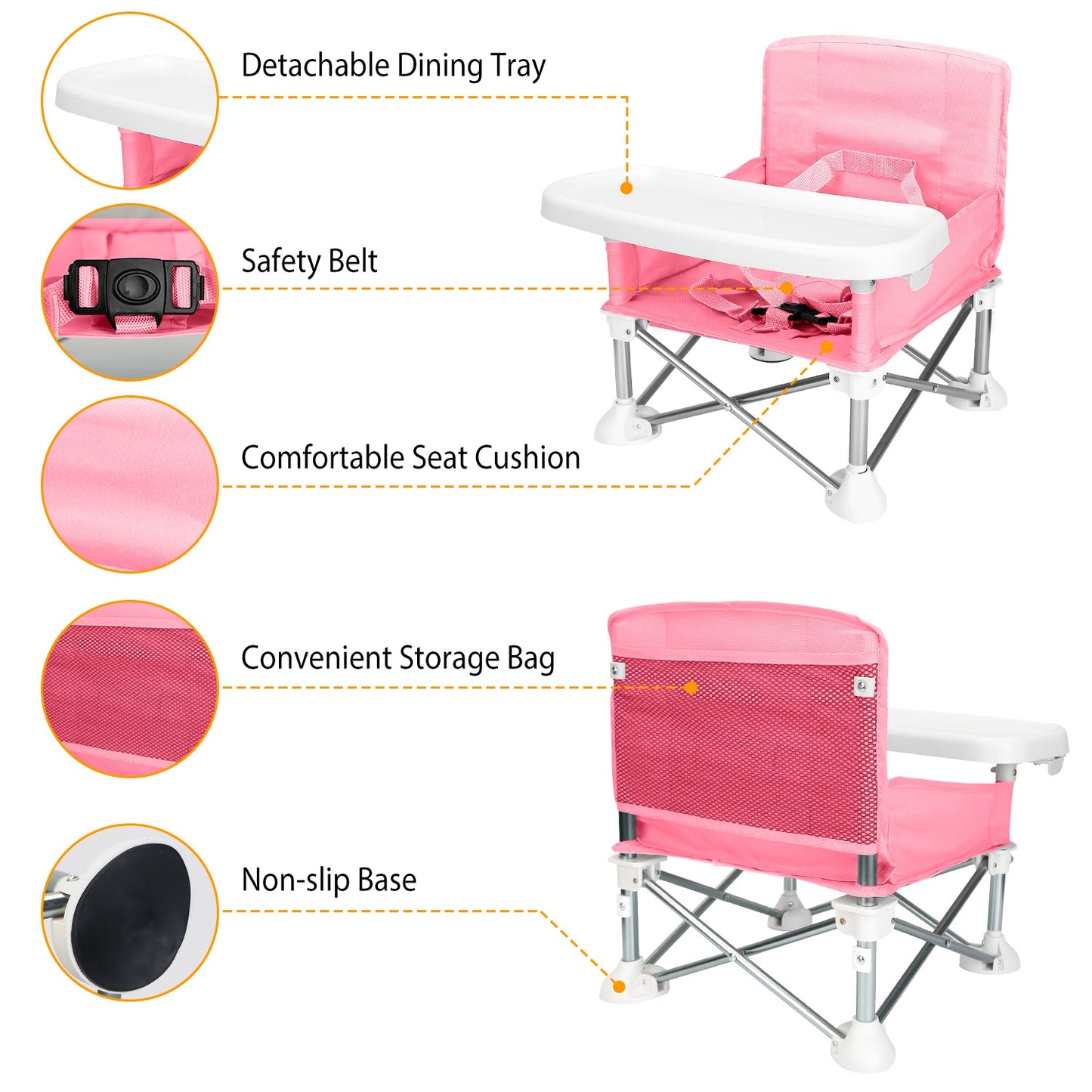 Travel Booster Seat Portable Baby Booster Chair w/ Detachable Tray Foldable Baby Chair Seat For Dining Camping Park Beach w/ Carry Bag