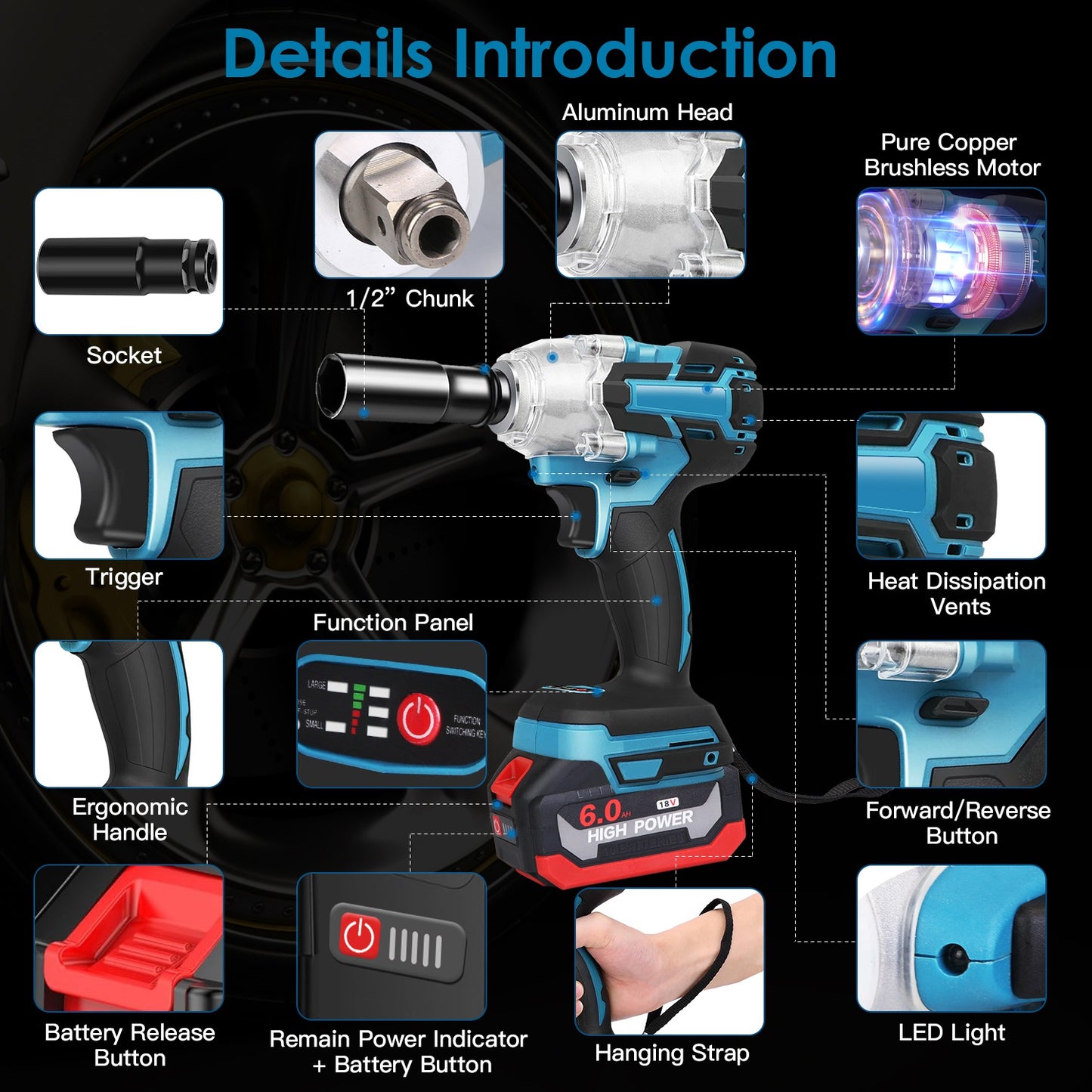 3-In-1 Cordless Electric Impact Wrench Drill Screwdriver with Brushless Motor Max 3450RPM Variable Speed 2Pcs 6.0Ah Batteries 3 Sockets 3 Screwdriver