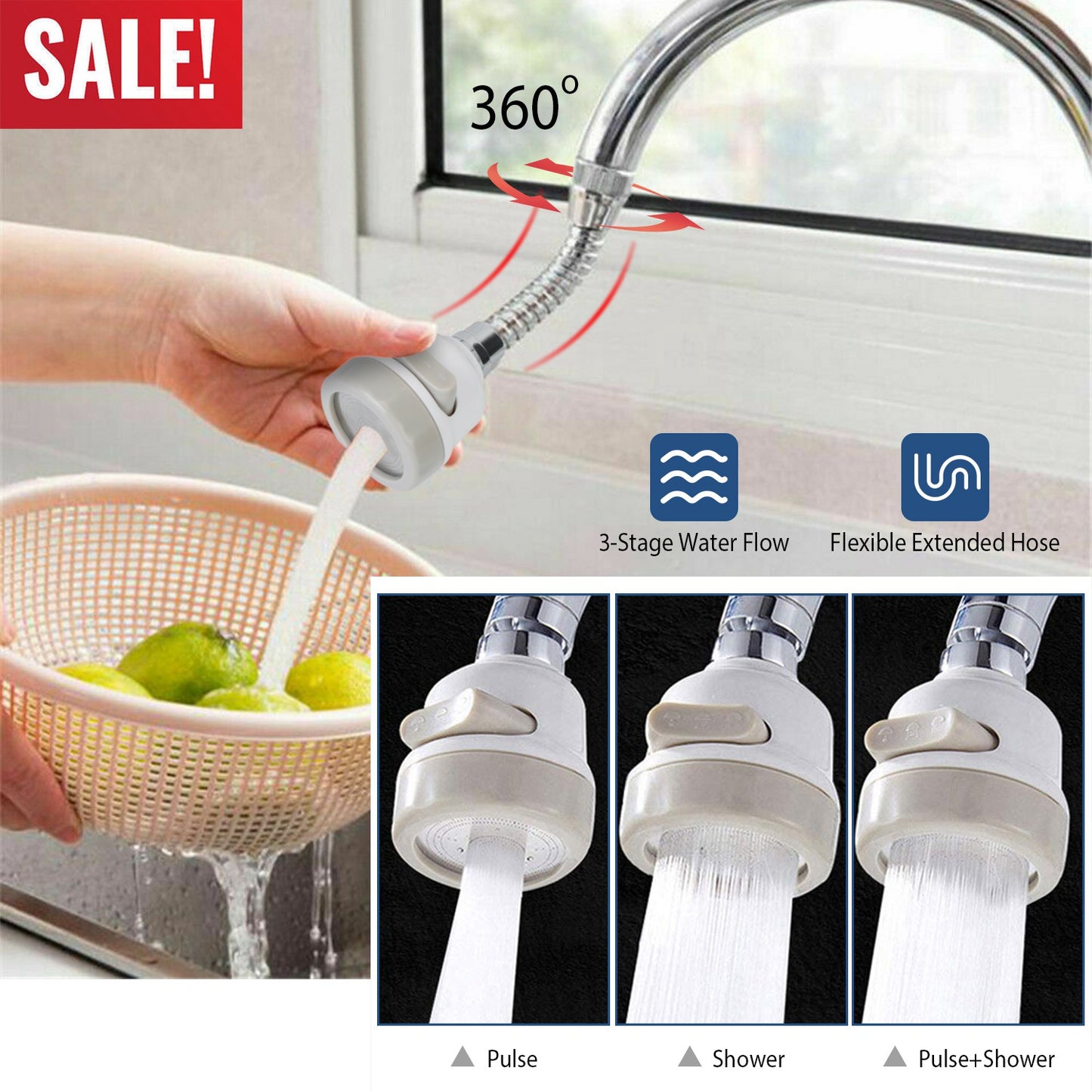 Movable Kitchen Tap Head 360¡ Rotatable Swivel Water-Saving Faucet Anti-Splash Sink Tap Head Spray Aerator w/ Three Modes Flexible Extended Hose For H