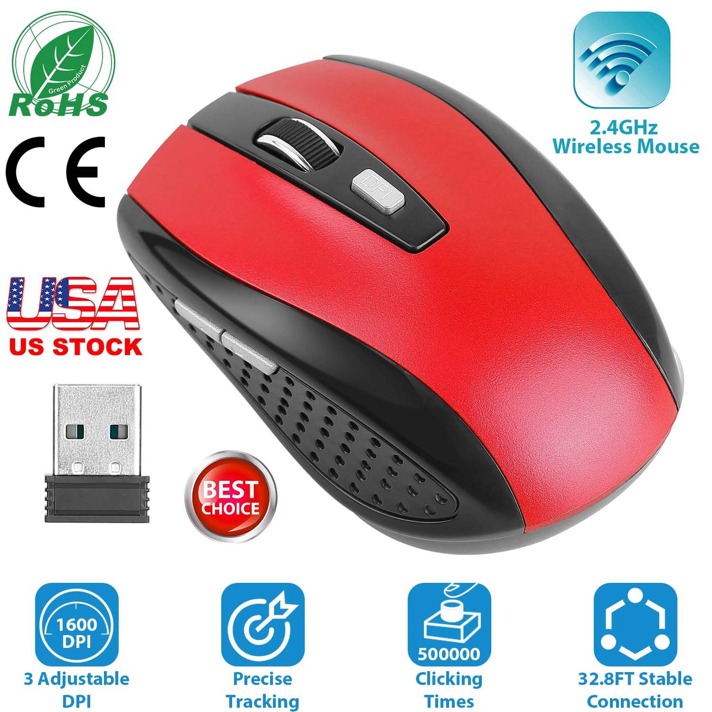 2.4G Wireless Gaming Mouse Optical Mice w/ Receiver 3 Adjustable DPI 6 Buttons For PC Laptop Computer Macbook