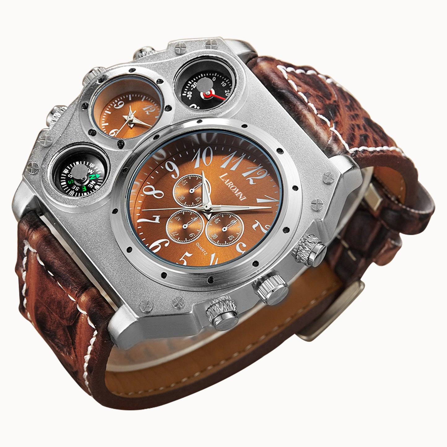 MenÕs Quartz Watch Two Time Zone Big Face Military Style Compass Thermometer Decorative Dial PU Leather Strap