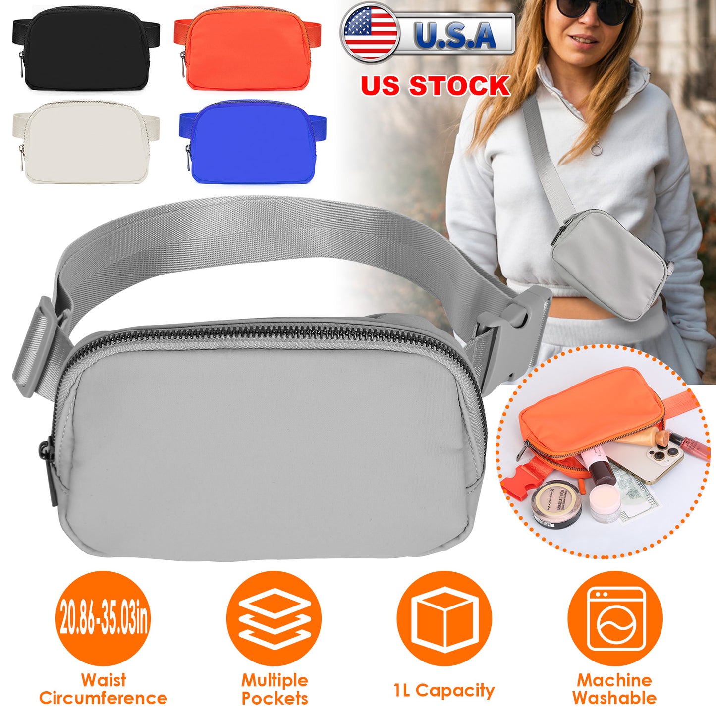 Sport Fanny Pack Unisex Waist Pouch Belt Bag Purse Chest Bag for Outdoor Sport Travel Beach Concerts Travel 20.86in-35.03in Waist Circumference with A