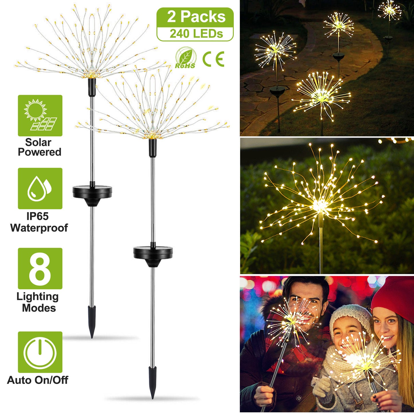 2Pcs Solar Powered Starburst Lights 240 LEDs Firework Lamp Garden Path Decor Lights