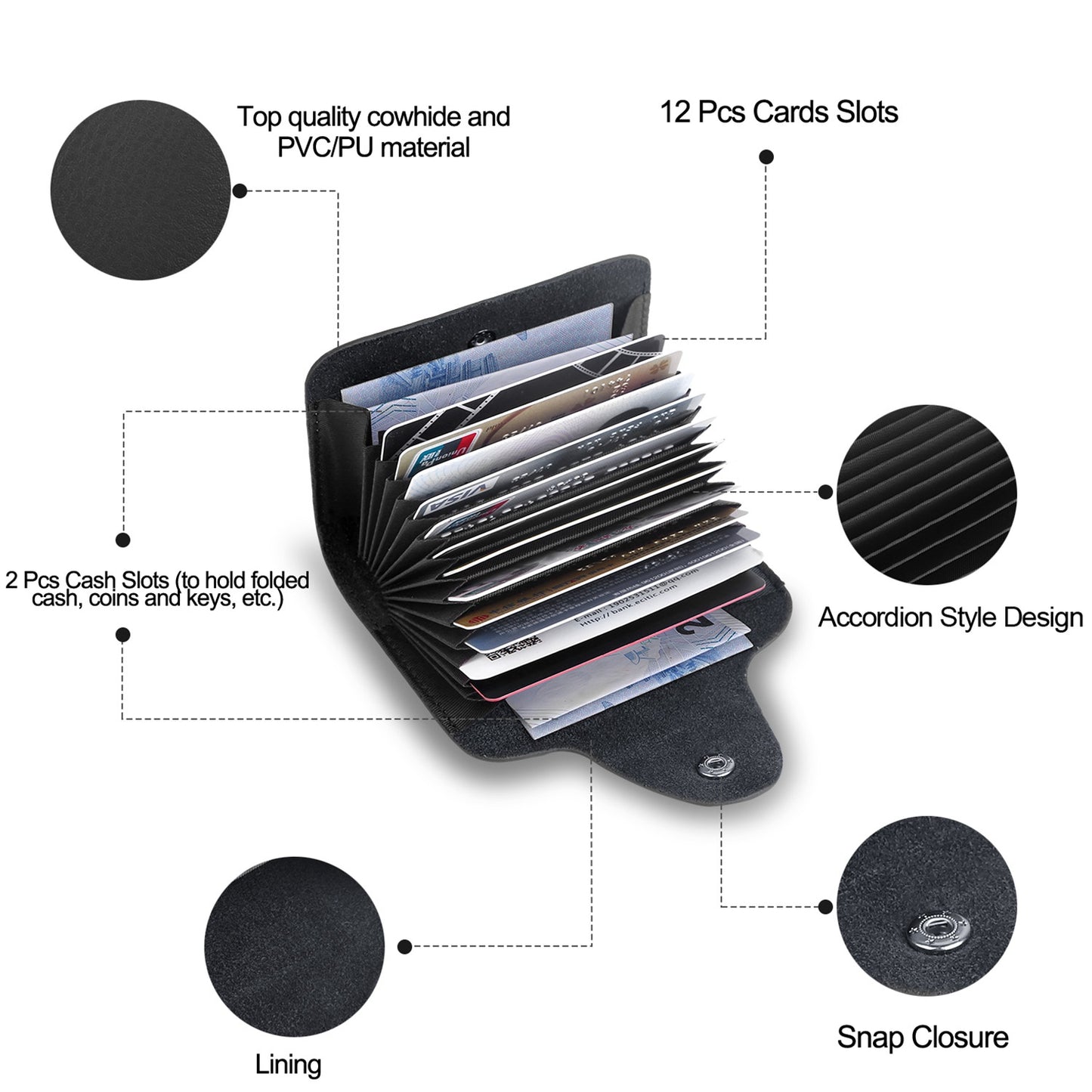 Credit Card Holder Wallet PU Leather Snap Closure Purse Accordion Case with 12 Pcs Card Slots