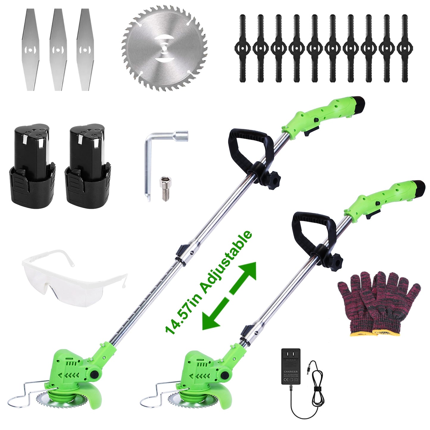 12V 200W Cordless Grass Trimmer Rechargeable Lawn Mower 9000M/Min Weed Cutter with Saw Blade 2 Stainless Steel Blades 10 Plastic Blades 2 Rechargeable