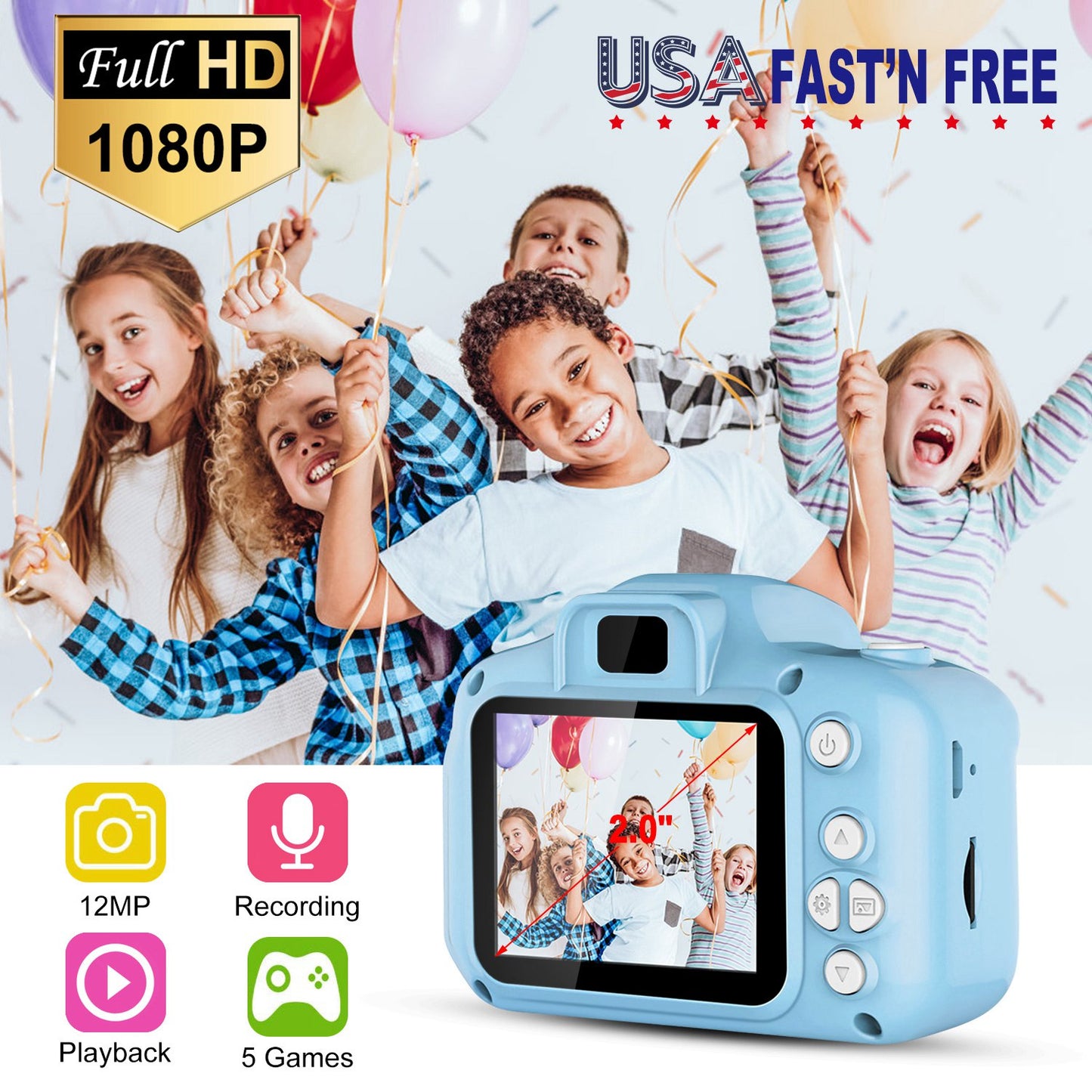 iMounTEK Kids Digital Camera w/ 2.0Ó Screen 12MP 1080P FHD Video Camera 4X Digital Zoom Games 32GB Card Supported Shockproof Child Camcorder for 3-10
