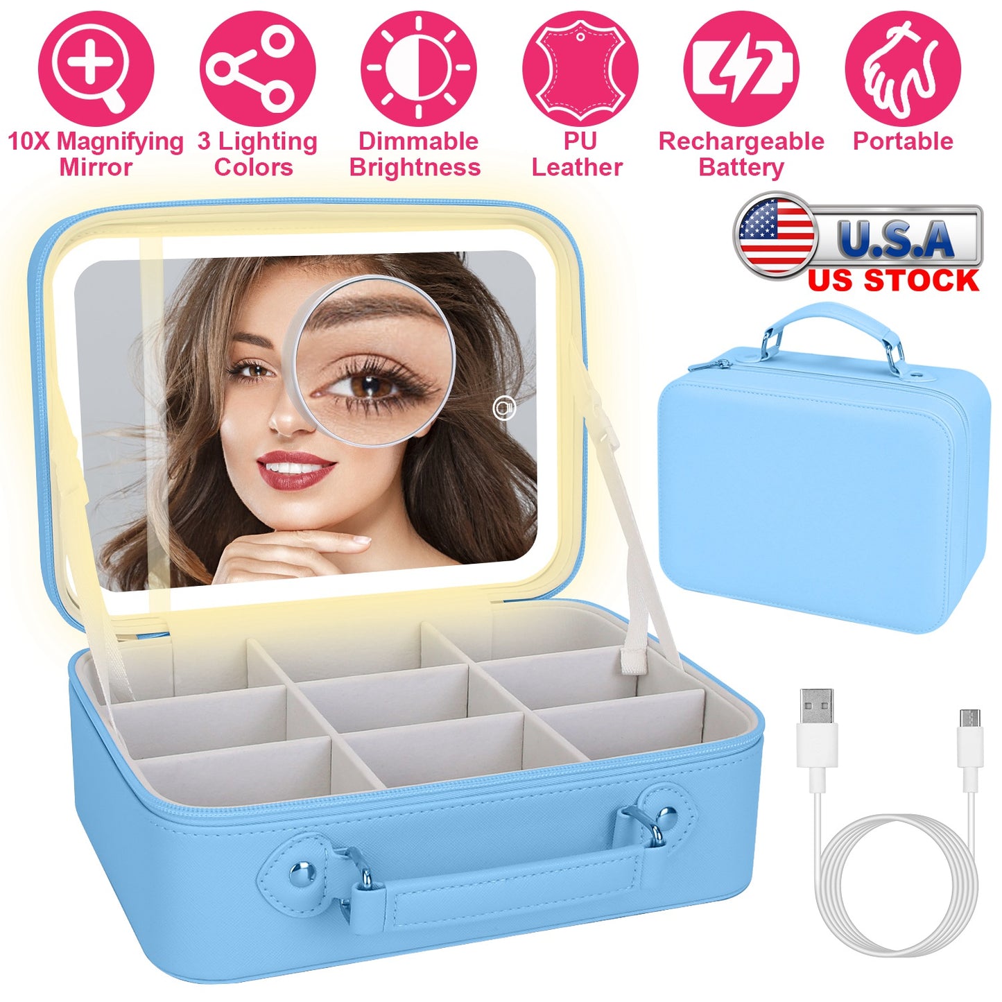 Travel Makeup Bag With 3 Light Colors Dimmable Brightness LED Mirror Detachable 10X Magnifying Mirror Adjustable Dividers Portable Waterproof Cosmetic