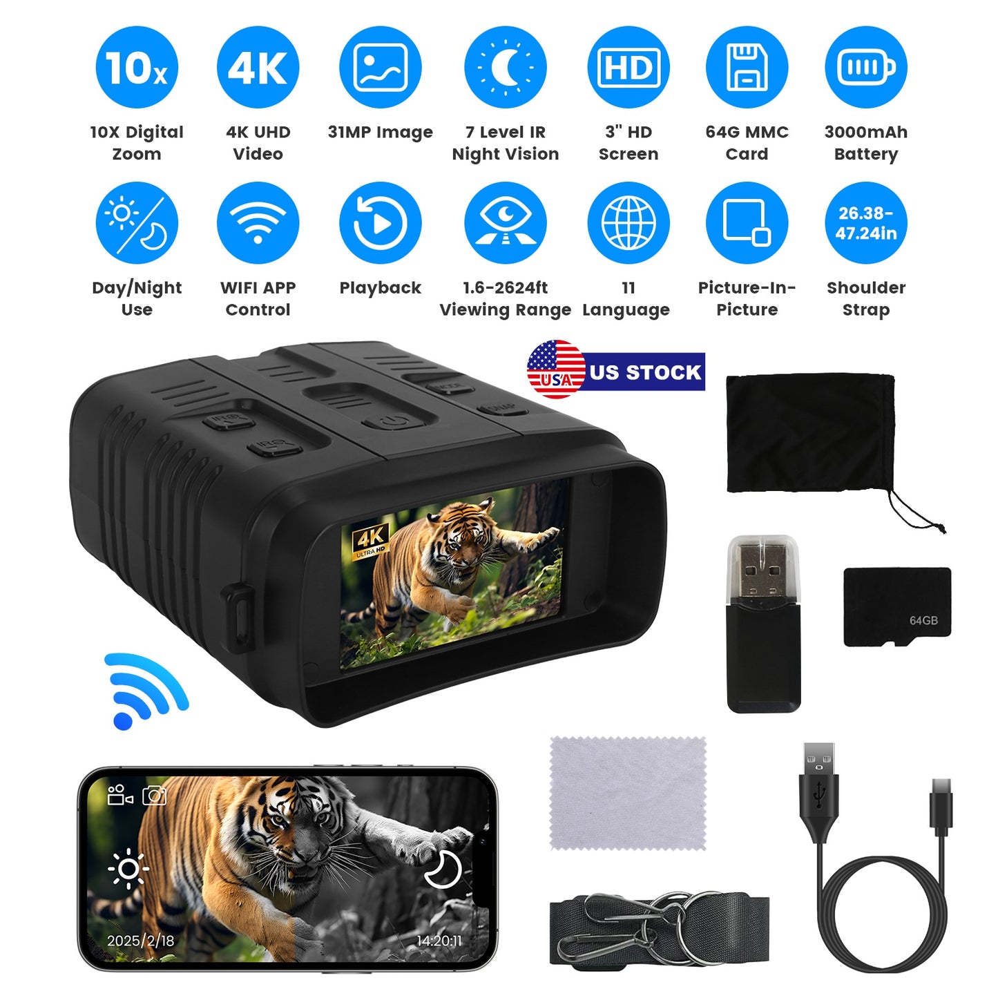 Night Vision Goggles 4K Full-Color BinocularsÊ10XÊZoom with 2624ft Viewing Range 3\'\' Screen 64G MMC Card WIFI APP Control Save Photo and Video for C