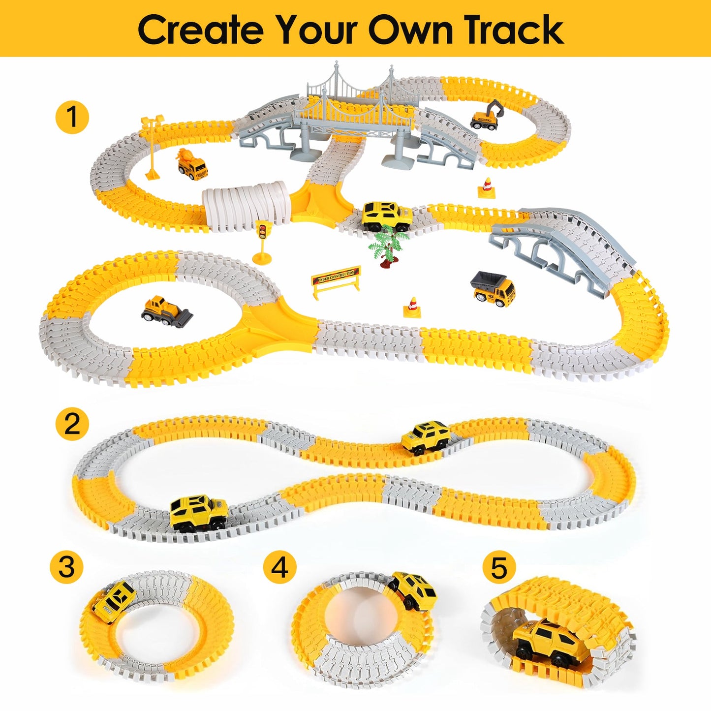 340Pcs Construction Race Track Set Kids DIY Construction Toys STEM Flexible Car Track Playset Gift for Toddlers Boys Aged 3 4 5 6 Year Old